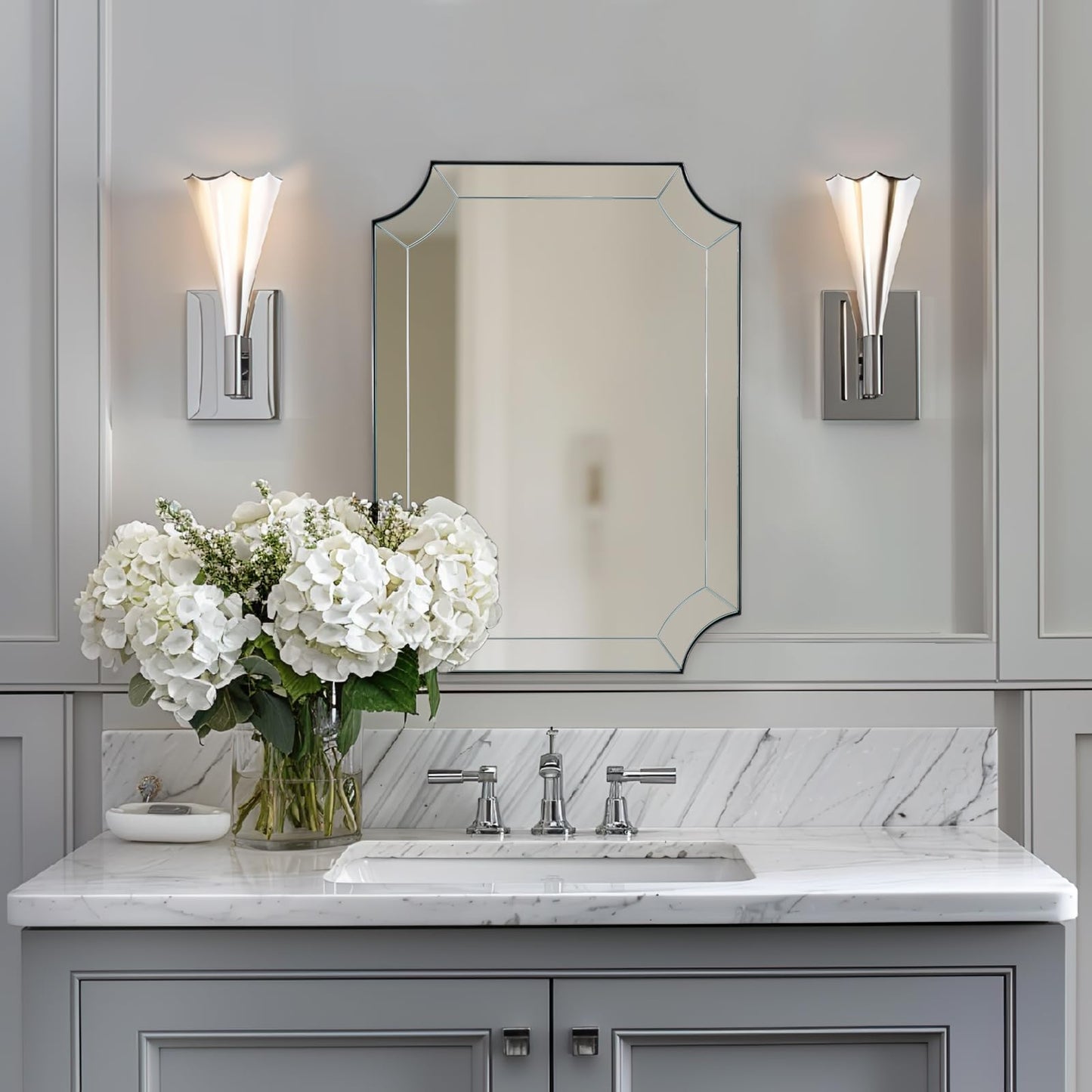 Andy Star Brushed Nickel Mirror, 22x30 Scalloped Bathroom Mirror, Silver Vanity Mirror in Anti-Rust Stainless Steel, Notched Mirrors with Delicate Tessellated Glass, Wall-Mounted Horizontal/Vertical
