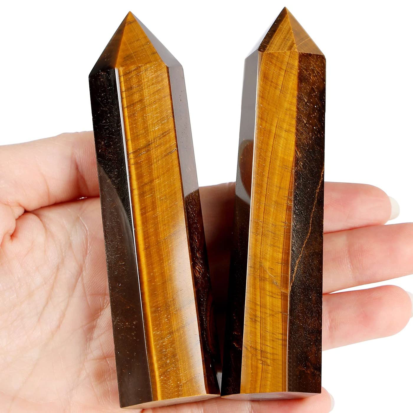 LAIDANLA Tiger Eye Healing Crystals Wands 3.5-4" Polishing Natural Reiki Energy Wand Stone Hexagonal Point Large Crystal Gemstones for Meditation Therapy Crystal Grid Decoration 1Pcs