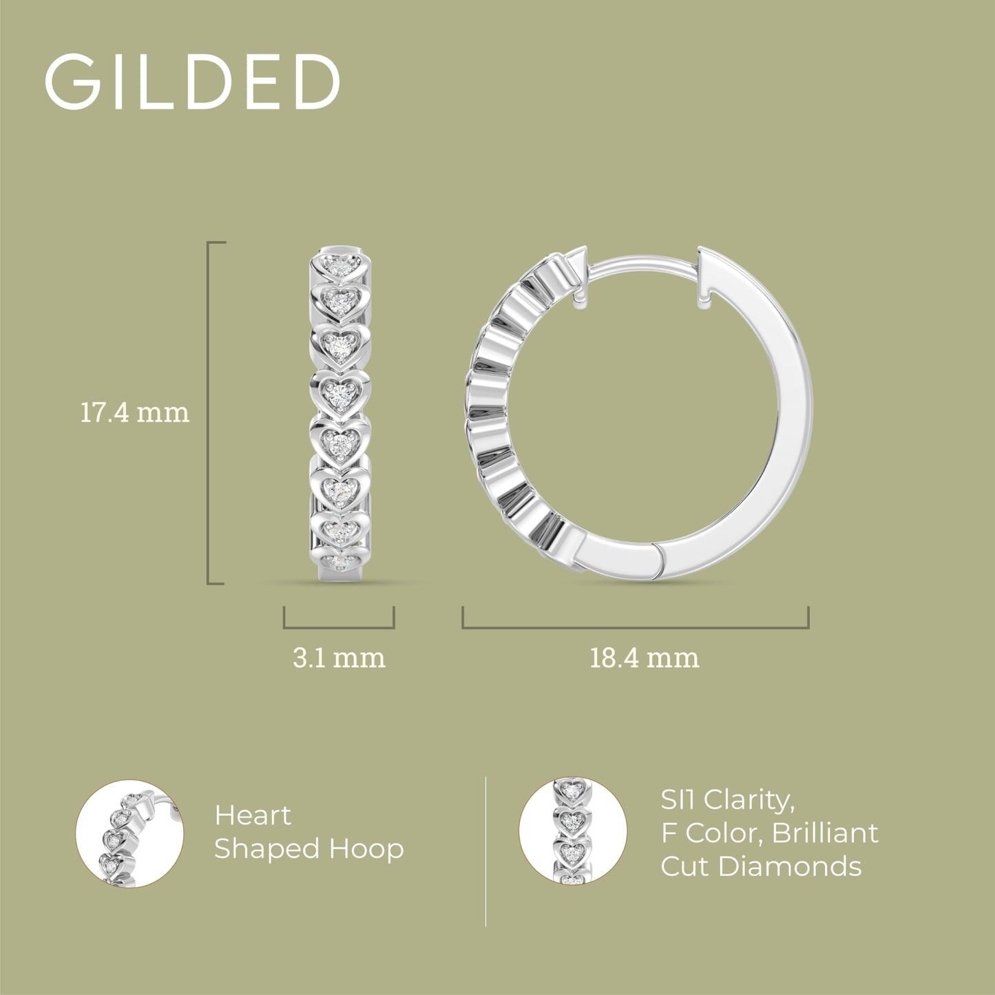 Gilded 1/10 Carat Total Weight Lab-Grown Diamond Hoop Earrings for Women in Sterling Silver | Heart Shaped Hoops | Hypoallergenic Fine Jewelry | Hinged Closure | SI1 Clarity, F Color