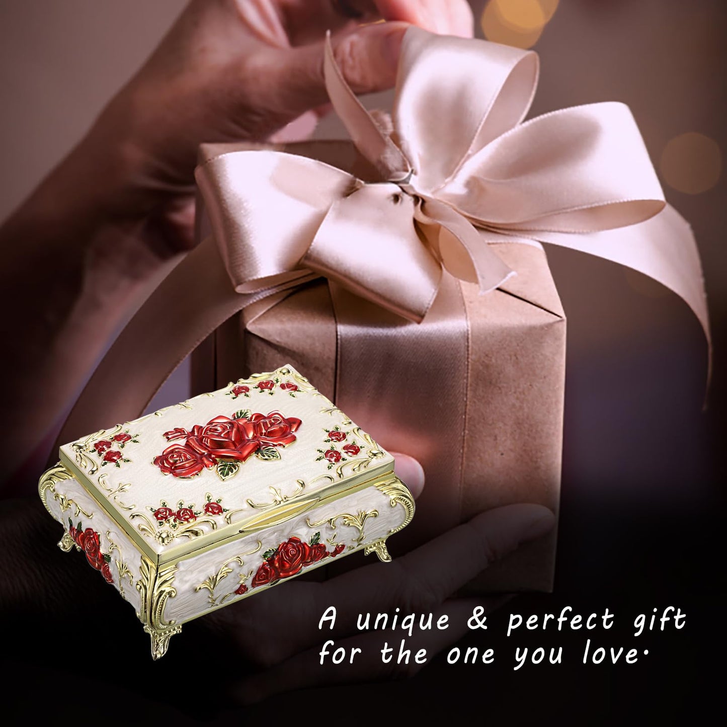 ELLDOO Vintage Music Box, Beige Metal Musical Jewelry Box Keepsake Box, Small Trinket Jewelry Storage Box Gift for Girl Women (Tune: You are My Sunshine), Red Rose Pattern