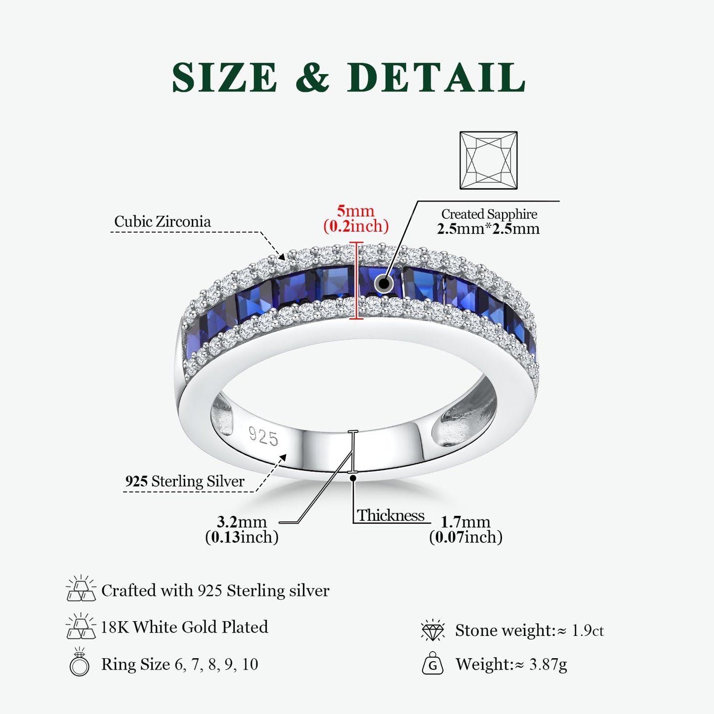 RANDES Women's Band Rings Blue Sapphire Ring 925 Sterling Silver Channel Set Eternity Rings for Women Men Size 8.5