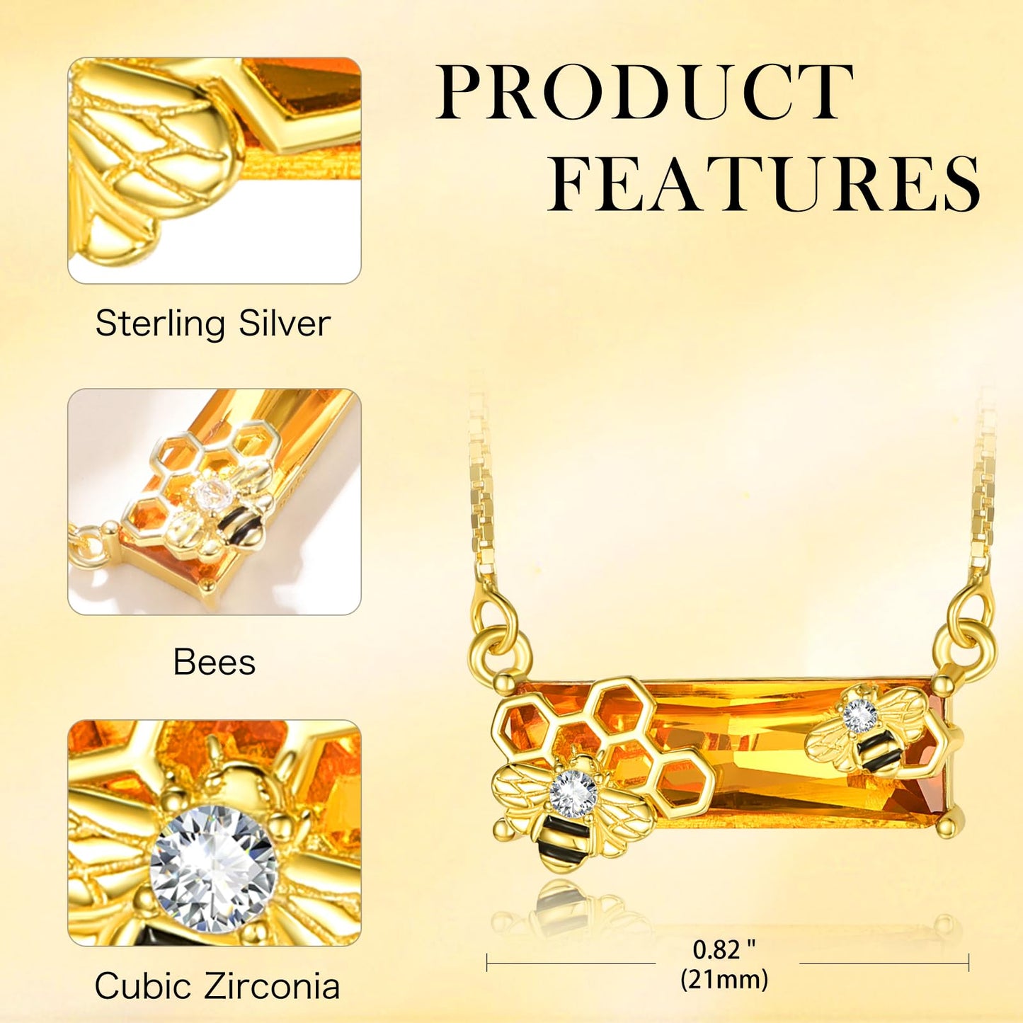 AENEAS Valentines Day Gifts for Women Her Bee Necklace 18K Gold Over 925 Sterling Silver Honeycomb Pendant Citrine Crystal Bumble Jewelry Cute Animal Christmas Gifts for Women Wife Her