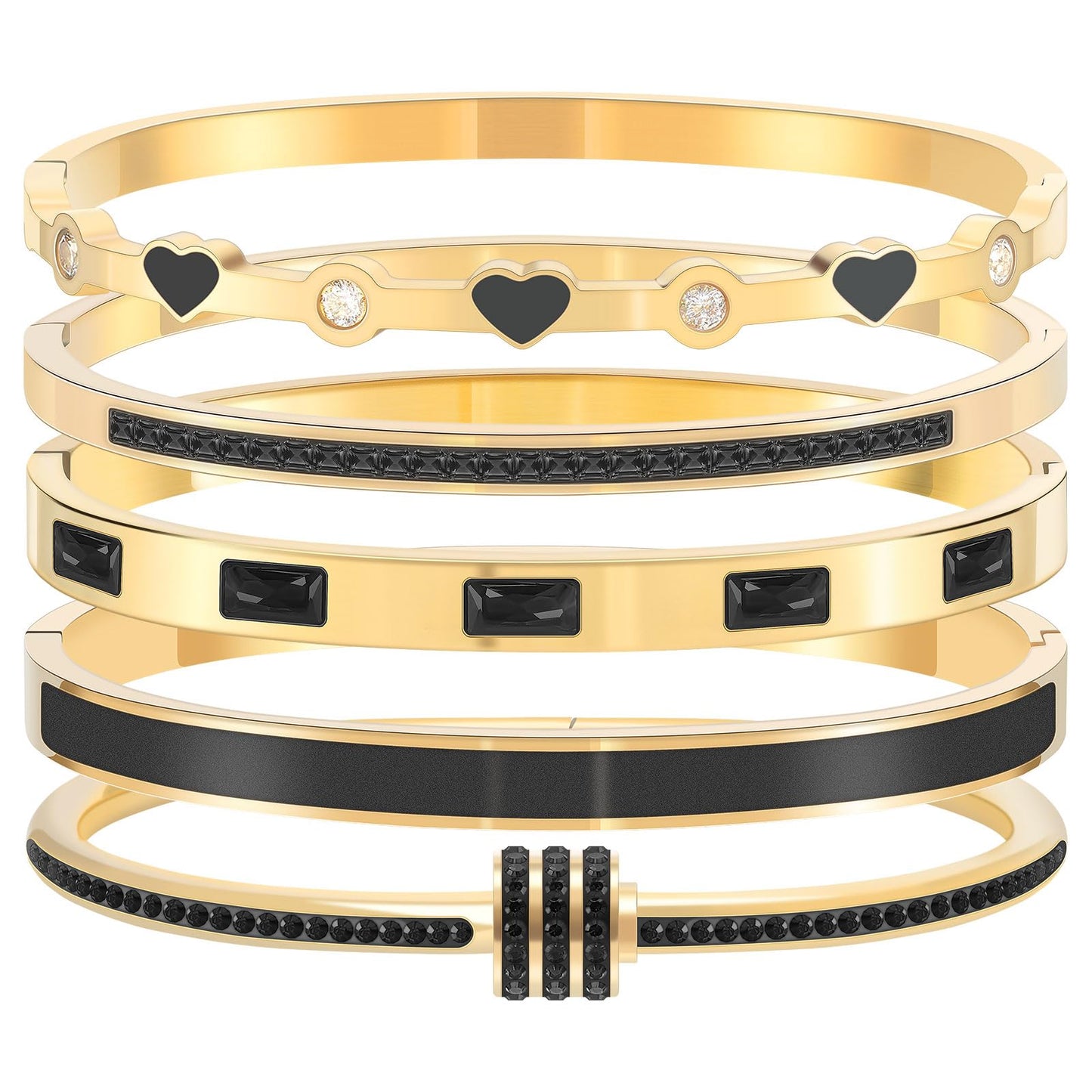 Camhanno 18K Gold Plated Stainless Steel 5-Piece Gold Bangle Bracelet Set for Women - Pink Crystal Friendship & Love Heart Design, Stackable Bangles Jewelry - Ideal Birthday Gift for Women (Black)
