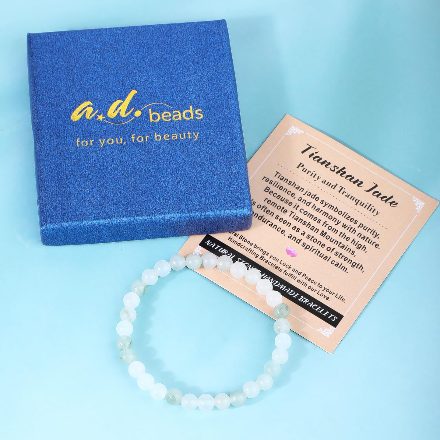 AD Beads 6mm Handmade Tianshan Jade Elastic Bracelet – Natural Gemstone for Purity and Tranquility – Meditation, Yoga, Healing and Energy Gift for Men Women