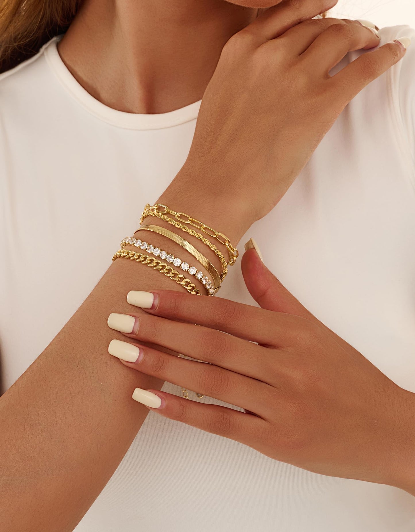 Gold Bracelets for Women 14K Gold Plated Stack Trend Bracelets Charm Paperclip Chain Cuban Link Layered Waterproof Bracelet Dainty Bracelet for Women Jewelry Gifts (5Pcs Gold)