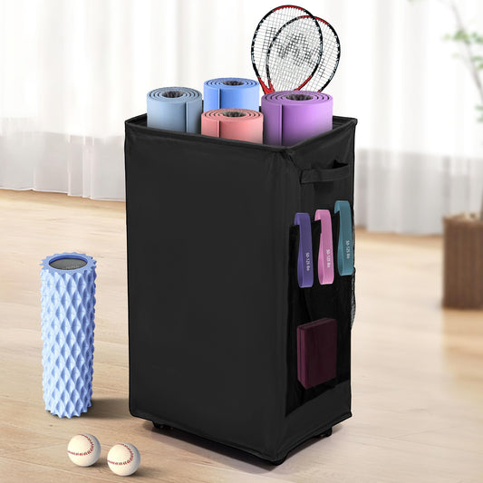 wymulot Yoga Mat Storage Racks, Home Gym Storage Rack with Wheels, Yoga Mat Holder Side 2 Mesh Pockets, Yoga Storage Basket Holds 4 Yoga Mats, 2 Foam Rollers, 6 Resistance Bands (Black)