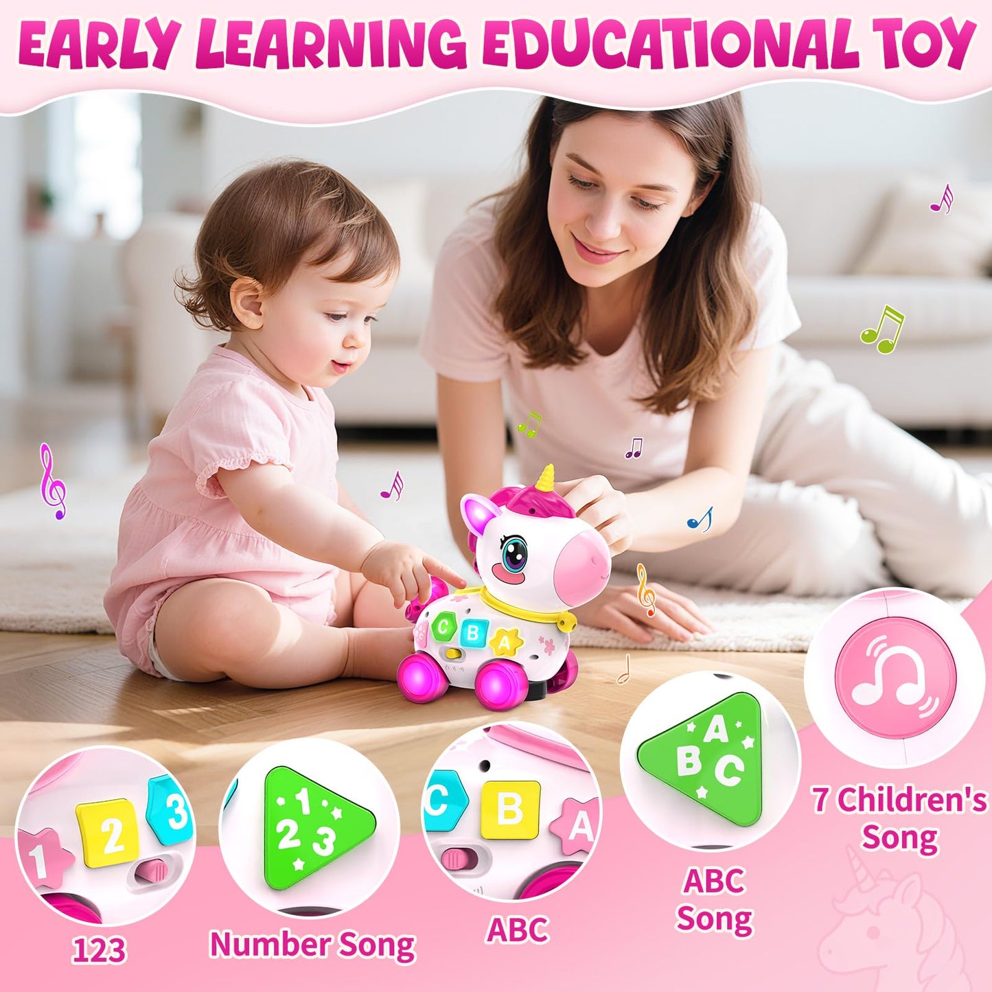 Toy for 1 Year Old Girl Gifts, Unicorn Baby Toys 6-12-18 Months, Musical Learning Toy, 1st Birthday Gift for 1 Year Old Girl Toys, Bilingual Educational Toy with Music & Light for Toddler