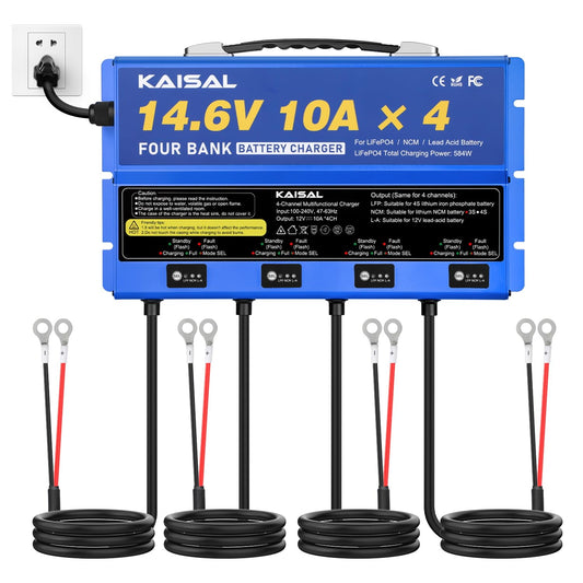 4 Bank Marine Battery Charger 12V 40A(10A/Bank) IP67 Waterproof 14.6V LiFePO4 & Lead-Acid & NCM Lithium Battery Charger 12 Volt 0V Wake Up 12V Onboard Battery Charger for Boat, Car, RV, Trolling Motor