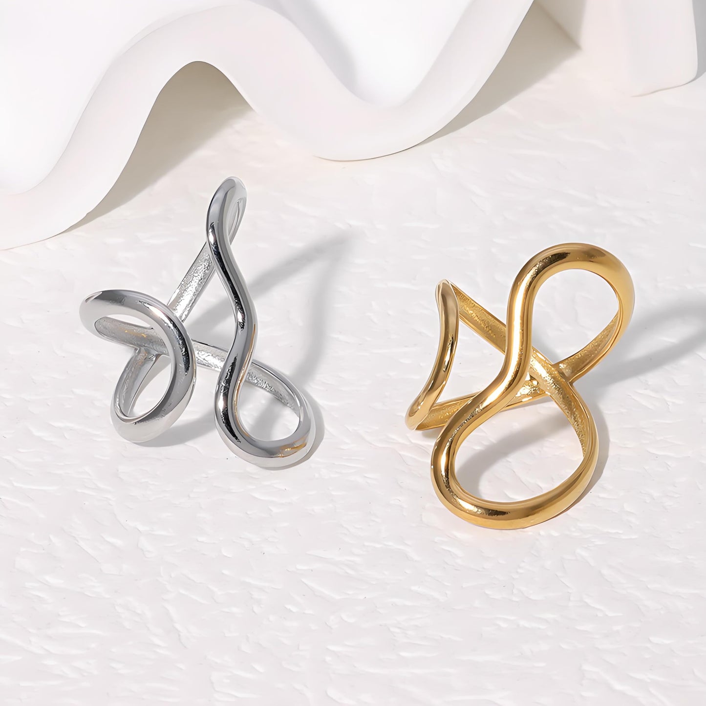AIETUE Chunky Rings For Women, Gold Silver Thumb Ring Asymmetrical Wavy Curve Ring Adjustable Non Tarnish Dainty Stainless Steel New Year Anniversary Birthday Jewelry Gift (Wavy Gold 2Pcs)