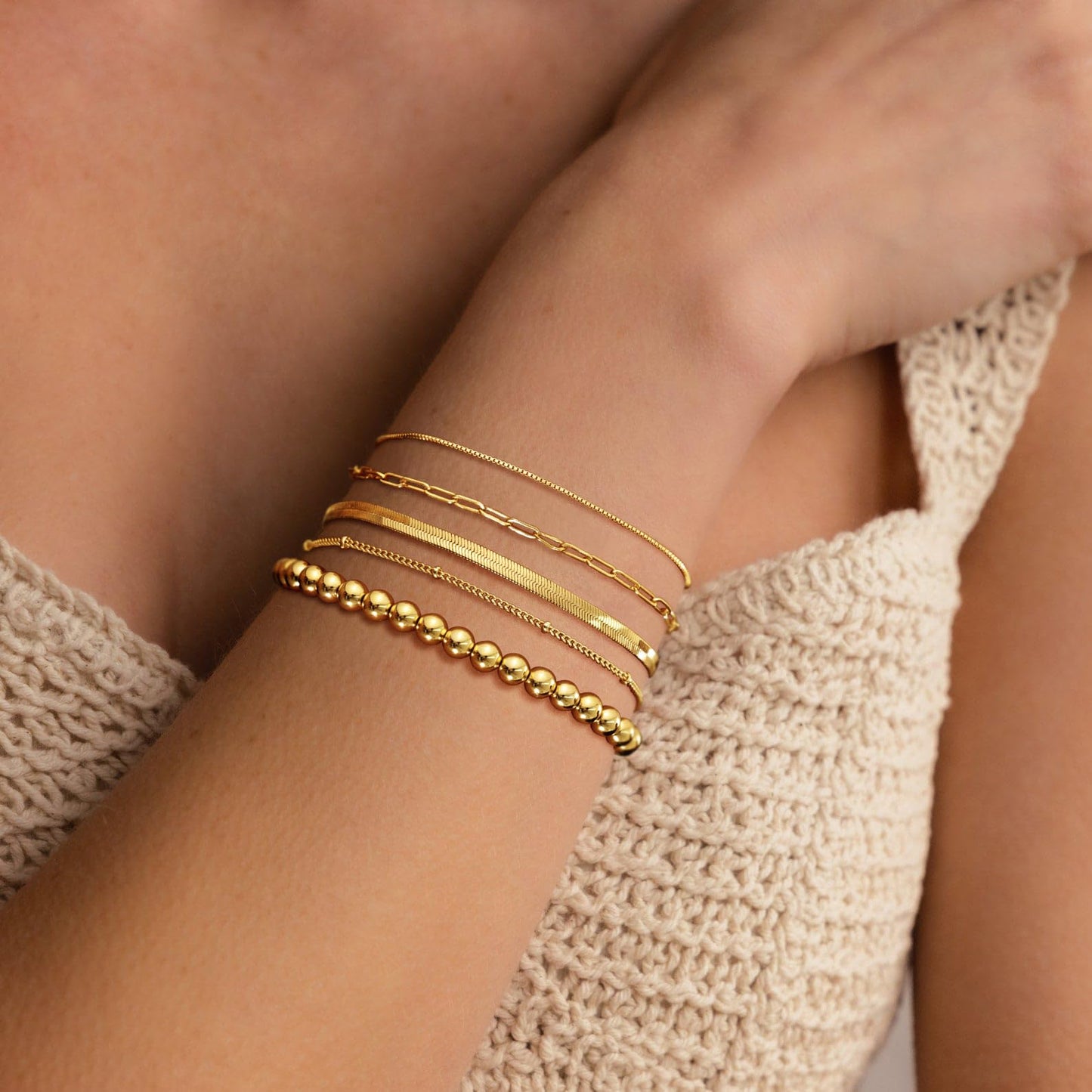 DEARMAY 14K Gold Plated Bracelets for Women Gold Jewelry Set for Women Beaded Bracelets for Women Dainty Paperclip Chain Bracelet Pack Gifts for Women