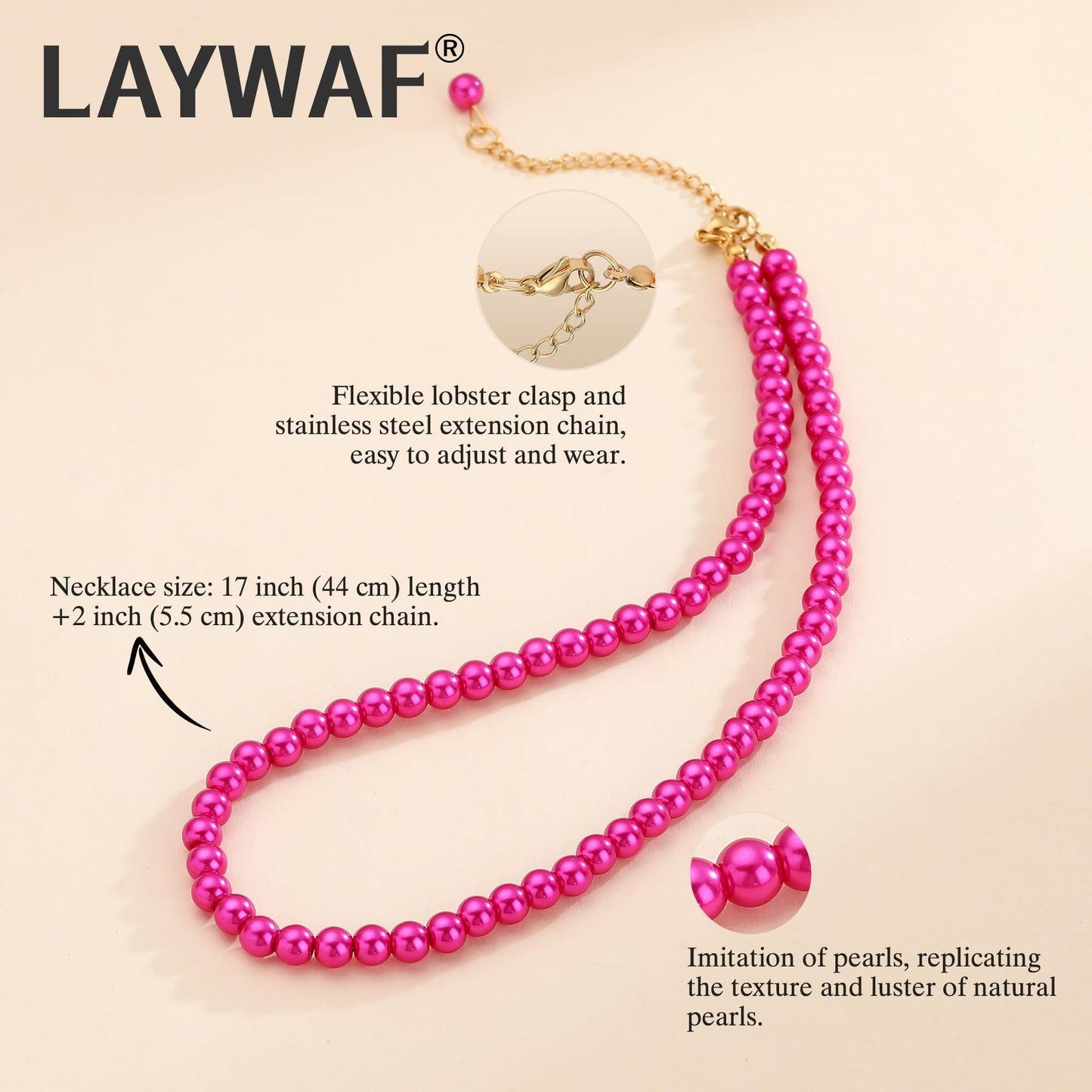 LAYWAF Fuchsia Imitation Pearl Necklaces for Women, Fake Pearl Choker 6MM Beaded Necklace, Costume Pearl Necklace, Hot Pink Faux Pearl Wedding Jewelry