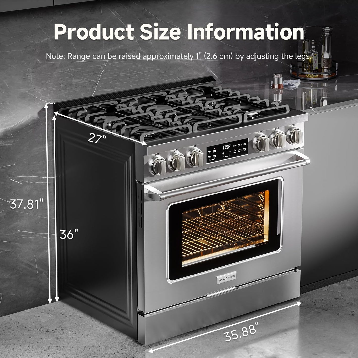 AAOBOSI 36 Inch Gas Range Oven, 6 Cu.Ft Front 6 Sealed Cooktop Burners,Smrt Control Air Fryer Convection Self Clean Oven, Freestanding Stainless Steel Heavy Duty Gas Stove with Halogen Light,NG/LPG