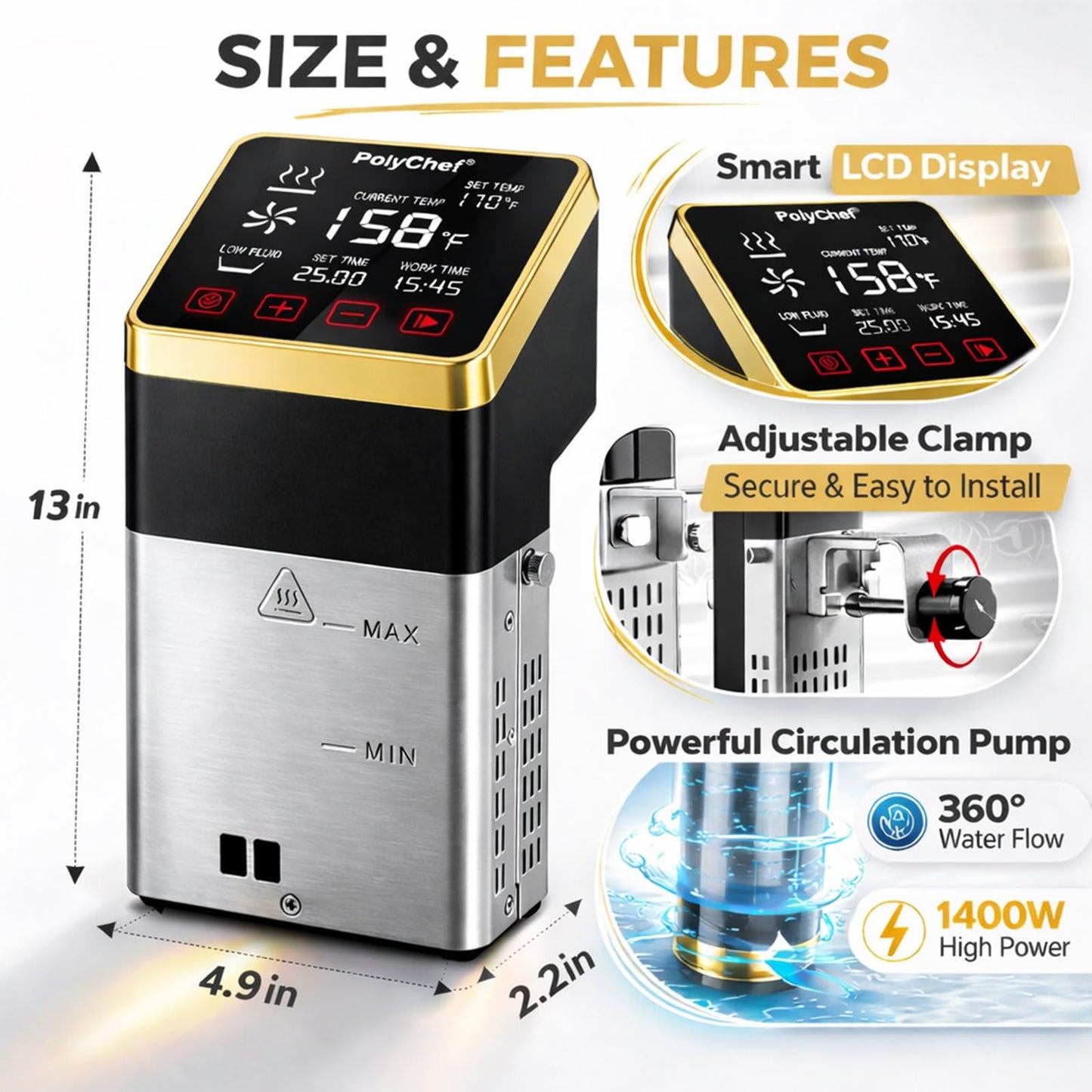 PolyChef Commercial Sous Vide Cooker 1400W – Immersion Circulator, Precision Cooker with Temperature Control & Timer, Easy-to-Use, Fast Heating Pump, IPX7 Waterproof for Home & Restaurant