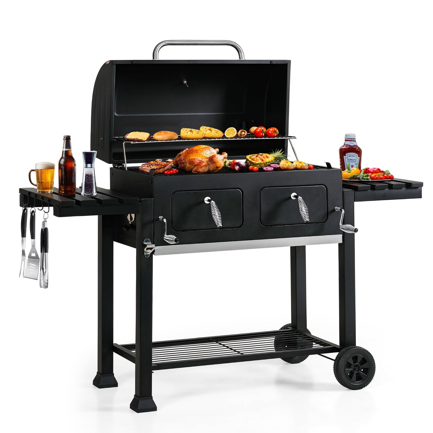 MFSTUDIO Multifunctional Extra Large 49 Inch BBQ Charcoal Grills with Temperature Control, Side Table and Easy Clean Ash Tray, Barrel Barbecue Grill for Multiple-family Household and Friends Party