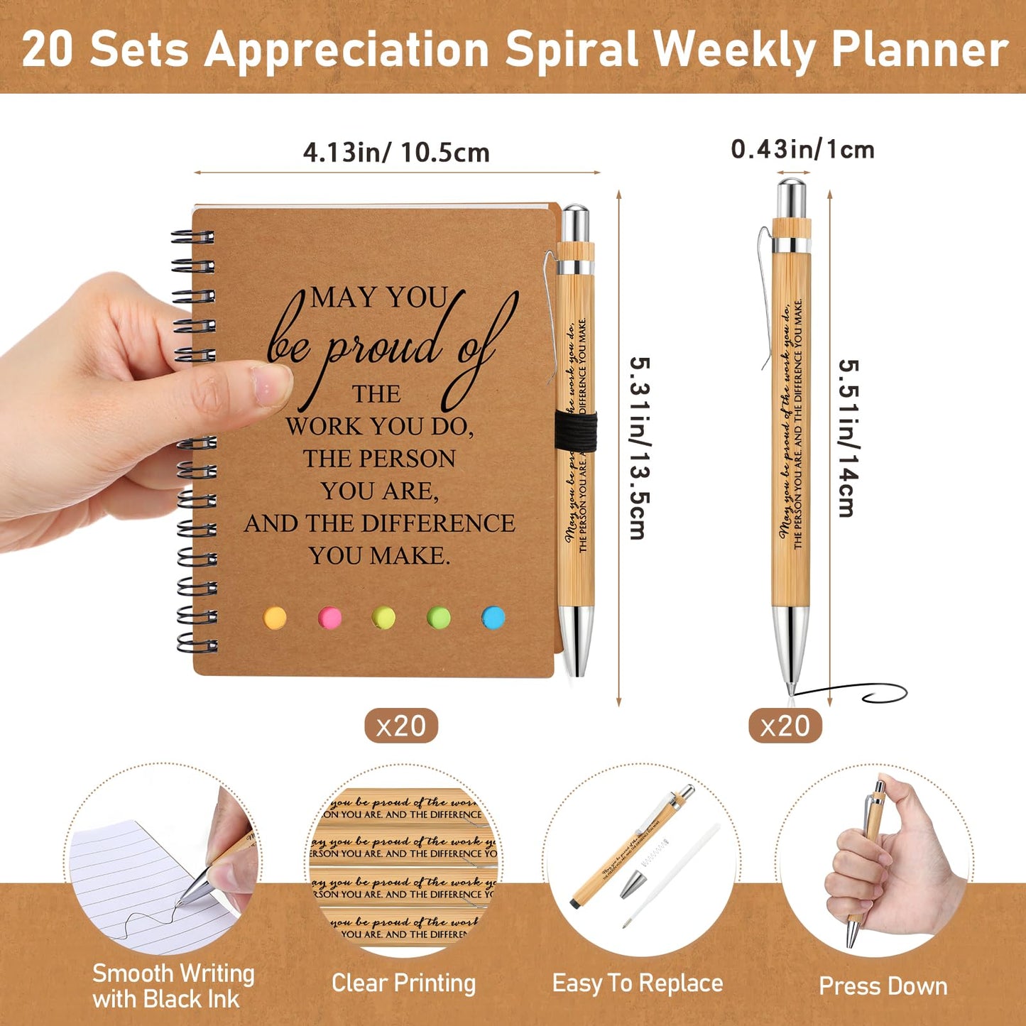 Moinchore 20 Sets Teacher Appreciation Gifts Thank You Gifts Inspirational Spiral Notebooks with Sticky Notepad and Bamboo Pen Nurse Week Gift for Team Nurse Coworker Graduation (May You Be Proud)