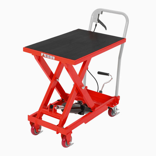 Hydraulic Lift Table Cart, 1100 LB Capacity, 32 in Lifting Height, Manual Single Scissor Lift Cart with Non Slip Platform & Wheels, Heavy Duty Lifting Table for Warehouse Shop, Red