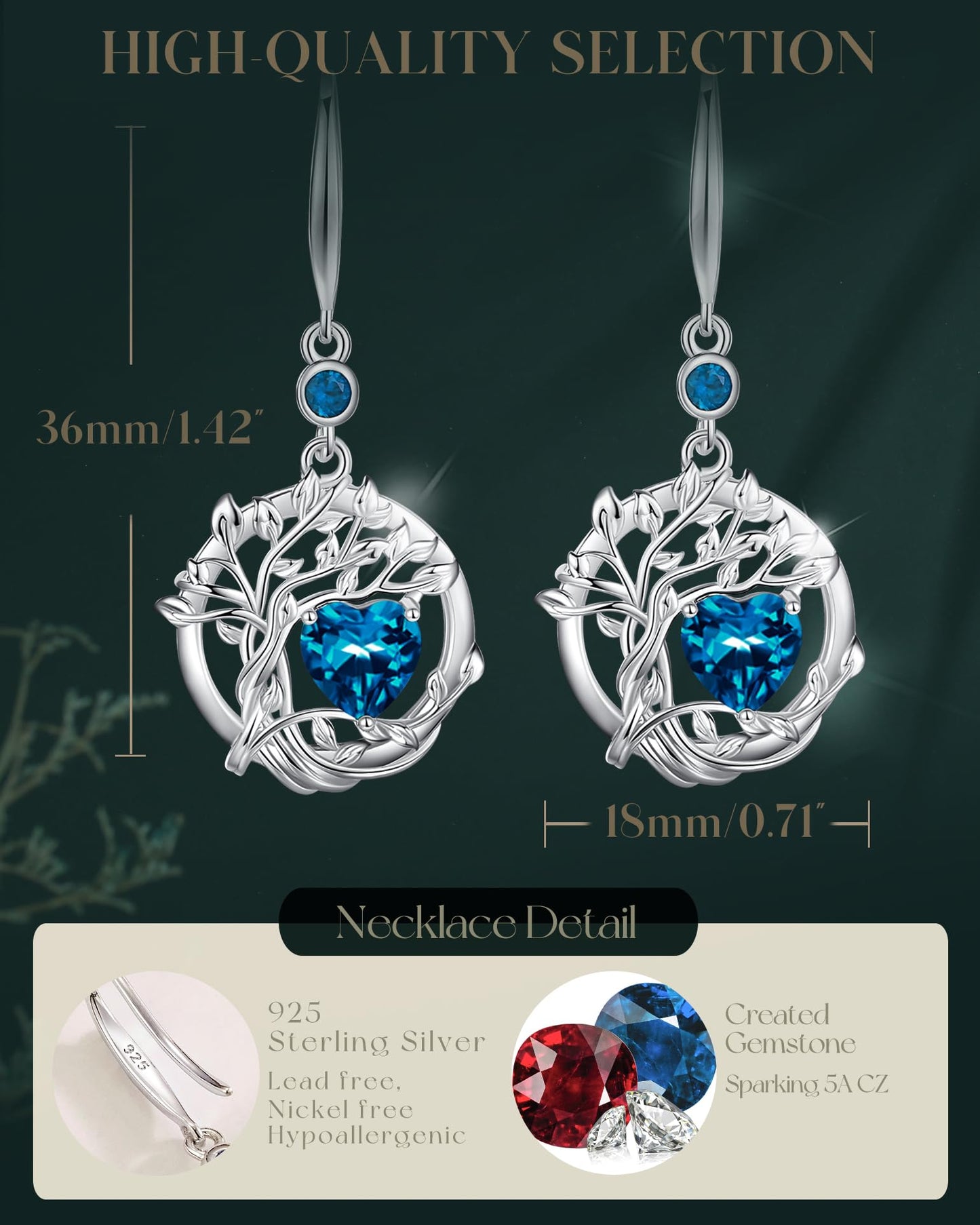 FANCIME Tree of Life Earrings 925 Sterling Silver Dainty Blue Topas Dangle Drop Gemstone Earring November December Birthstone Fine Jewelry Birthday Mothers Day Gifts for Women Her Mom