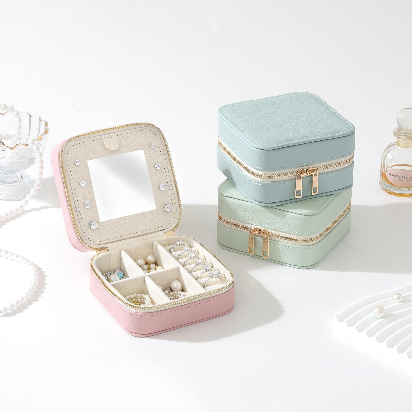 NGVRC Genuine Leather Travel Jewelry Organizer Case with Mirror for Women, Small Mini Portable Jewelry Box for Ring Earrings Necklace Bracelet Luxury Gift for Women（Lilac）