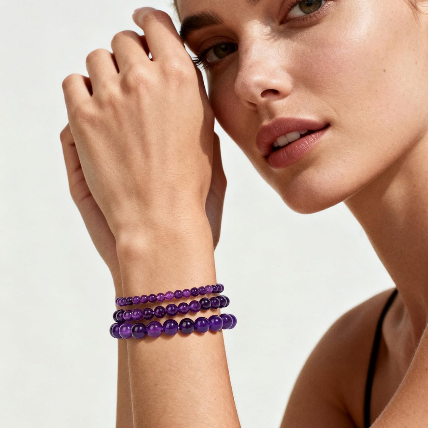 Bolinailo 3Pcs Natural Healing Crystal Bracelets for Women Men, 4mm 6mm 8mm Beaded Stretch Bracelet Set, Amethyst Natural Stone Gemstone Jewelry Gifts for Meditation, Reiki & Yoga