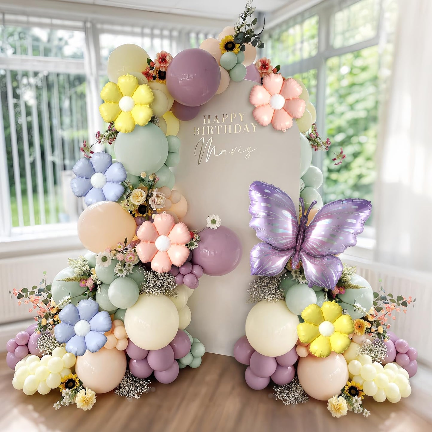Spring Floral Butterfly Balloon Arch Kit,137Pcs Pastel Lavender Purple Yellow Balloon Garland with Daisy,Butterfly Foil Balloons for Wildflower Fairy Baby Shower Birthday Garden Tea Party Decorations