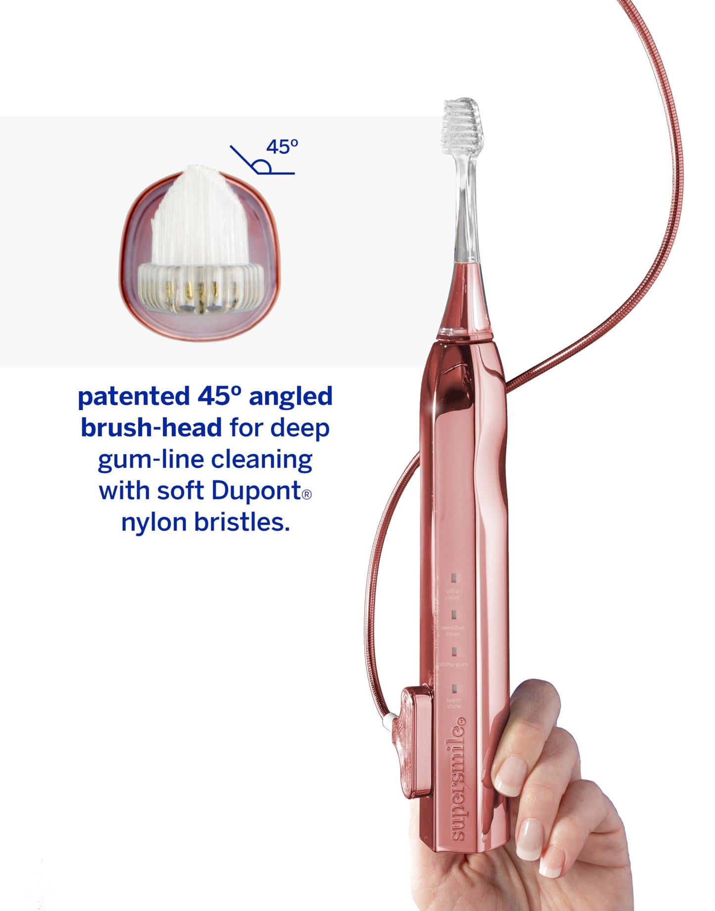Supersmile Zina45™ Sonic Pulse Toothbrush – angled brush with polishing head for advanced cleaning – For Whiter Looking Teeth and Healthier Gums, Rose Gold