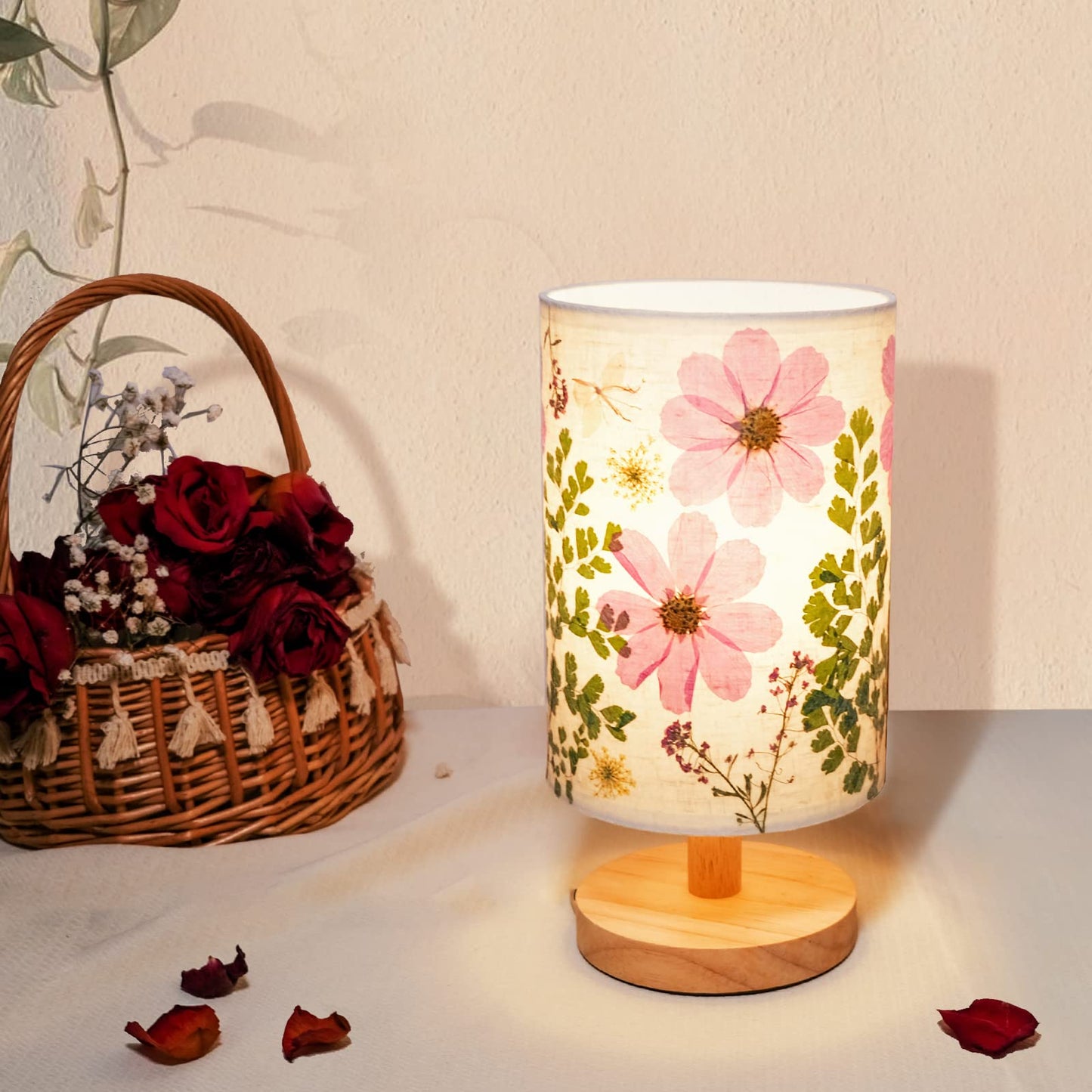 Floresita Dried Flowers Small Table Lamp 5W LED 3-Color Bedside Lamp Pressed Flowers Lampshade with Wood Base for Bedroom Living Room Desk Nursery