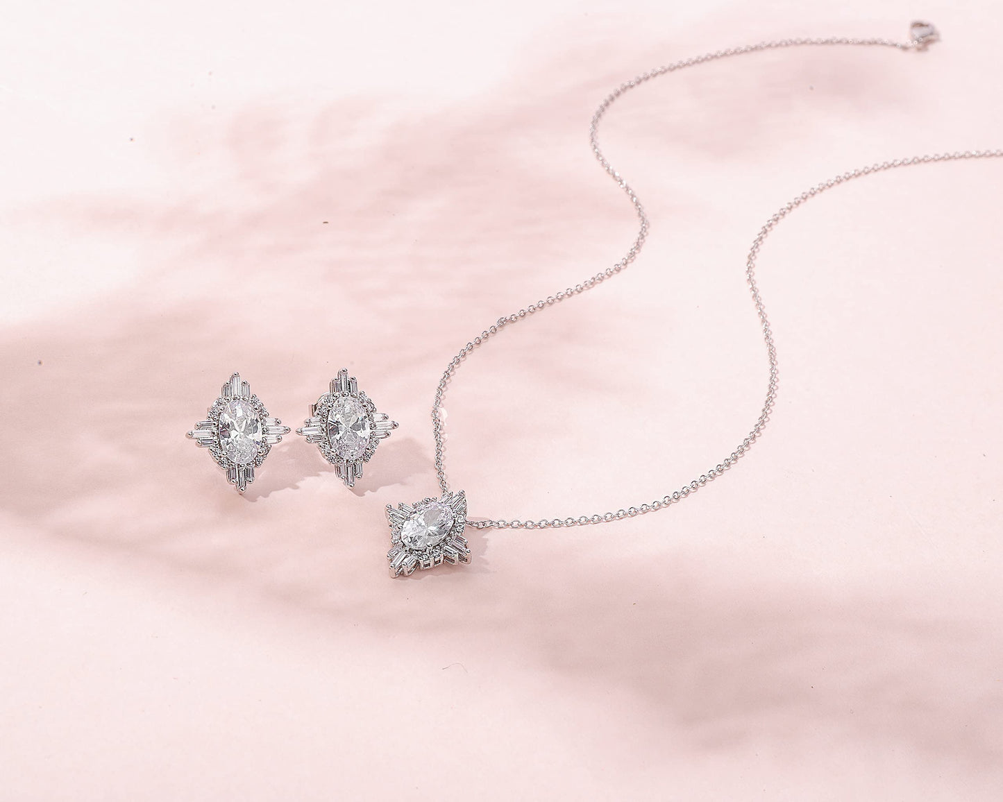 HOPE LOVE SHINE Simple Bridal Jewelry Set For Wedding Silver Bridal Party Bridesmaids Necklace And Earrings Set Vintage Inspired Single Baguette Cut Diamond Crystal Drop