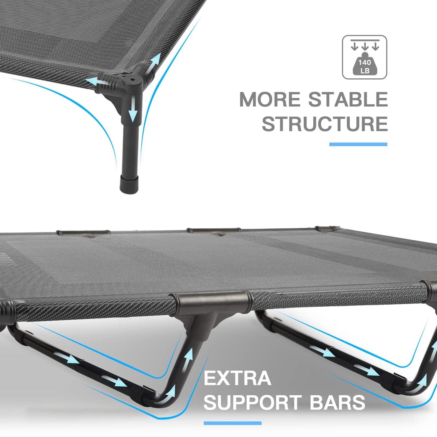 Suddus Elevated Dog Bed for Large Dogs 140lb, Breathable Cooling Raised Dog Cot with Dual Support Bars & Metal Frame, No-Slip Feet, Waterproof Pet Bed for Indoor/Outdoor, X-Large, 48 * 36 * 9in, Grey