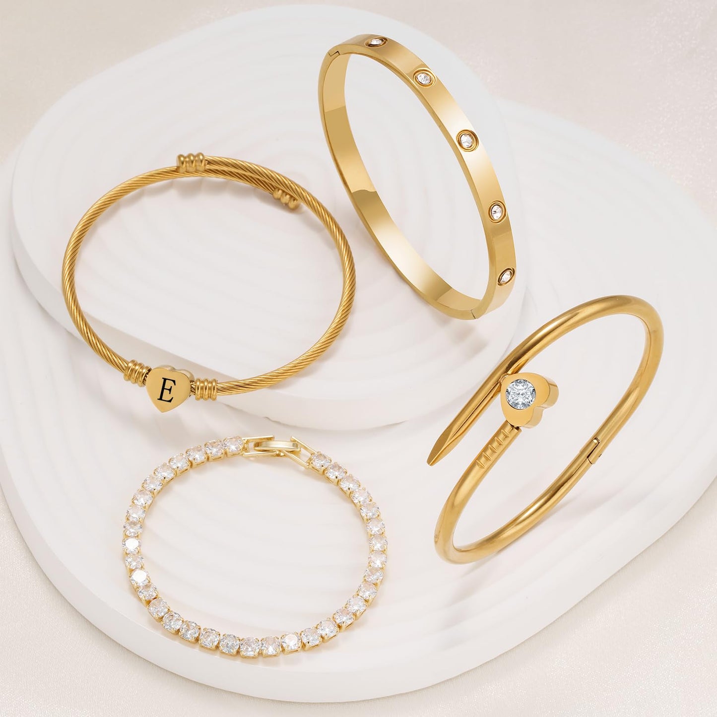 MEIERYA18K Gold Plated Nail love Bangle Bracelet Set for Women,Cubic Zirconia,Adjustable tennis bracelet Trendy Gift Jewelry for Mother's Day Anniversary (05-Style-E)