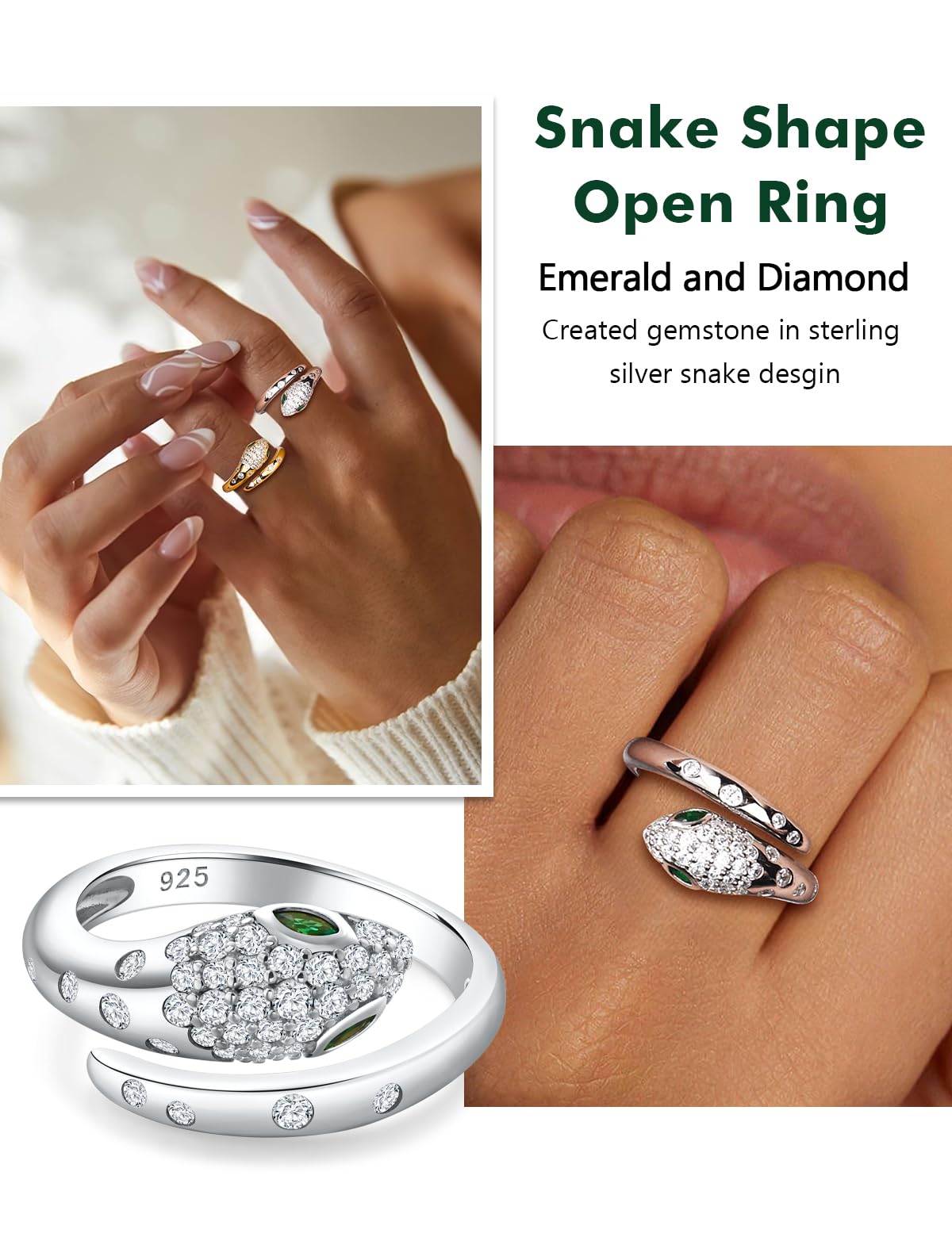 RANDES Womens Snake Ring Open Statement Punk Gothic Jewelry for Men 925 Sterling Silver Cubic Zirconia Cocktail Party Fashion Rings Size 9