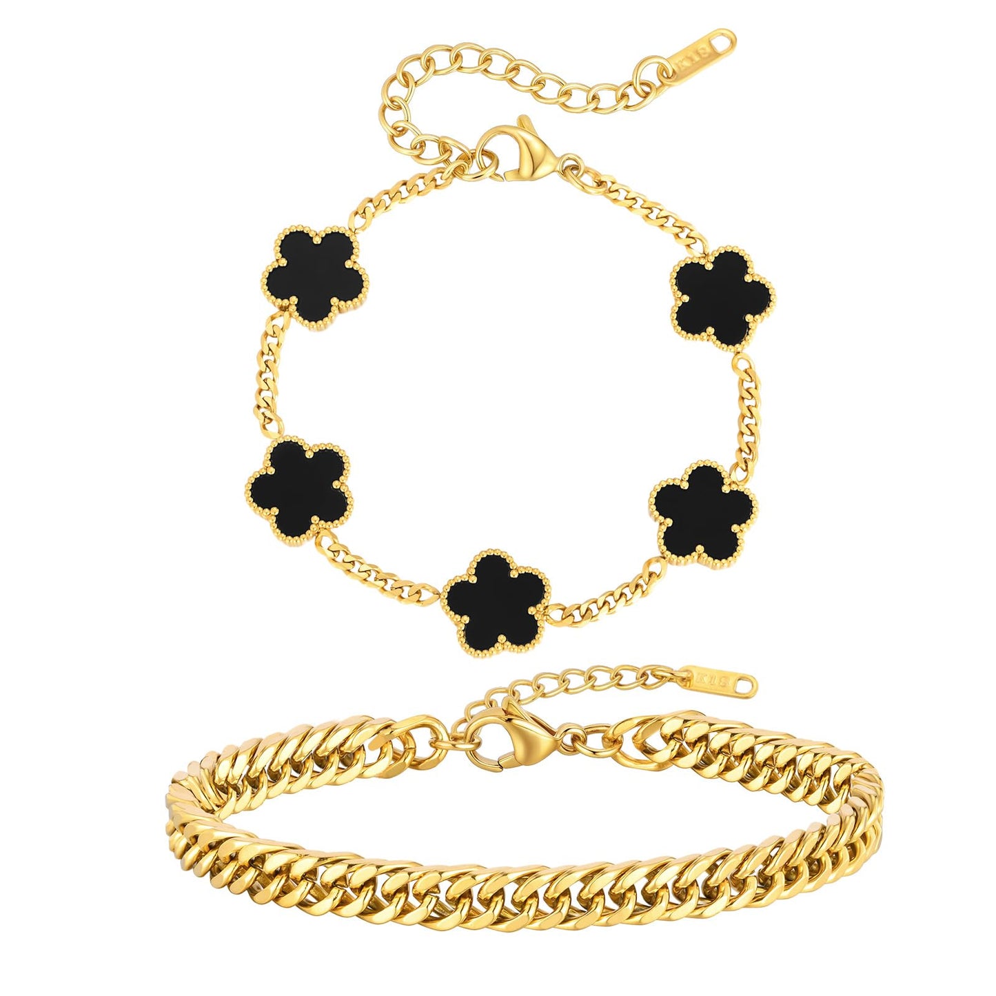 VNOX 2 PCS Floral Bracelets for Men Women -Womens Mens Stainless Steel Gold Cuban Chain Link Bracelet Lucky Charm Four Clover Flower Bracelets Trendy Jewelry Gifts，2