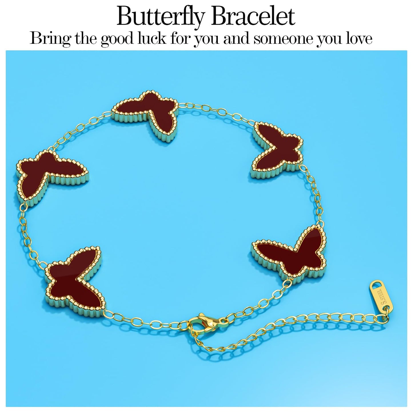 AICase 18K Gold Plated Clover Bracelet Dupes Black Bracelet Set for Women Butterfly Flower Leaf Lucky Clover Bracelets Trendy Jewelry Birthday Gifts for Women/MoM/Friends_Wine Red