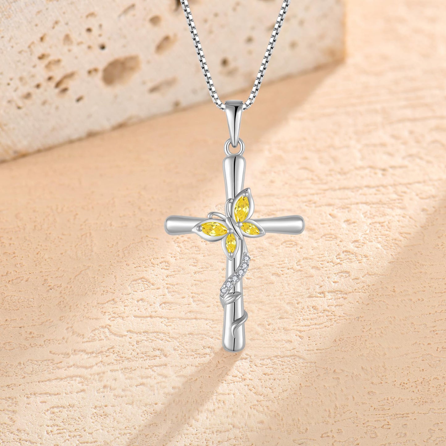 Blaniy Cross Necklace for Women 925 Sterling Silver Butterfly Necklace Citrine Pendant Necklaces November Birthstone Jewelry Gifts for Women