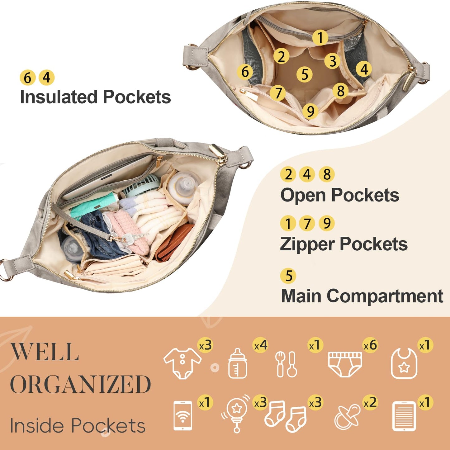 miss fong Diaper Bag Tote Baby Bag Leather Diaper Backpack Large Diaper Tote Bag for girls & boys Diaper Bag Purse with 11 Pockets,Changing Pad, Stroller Straps,4 Insulated Pockets