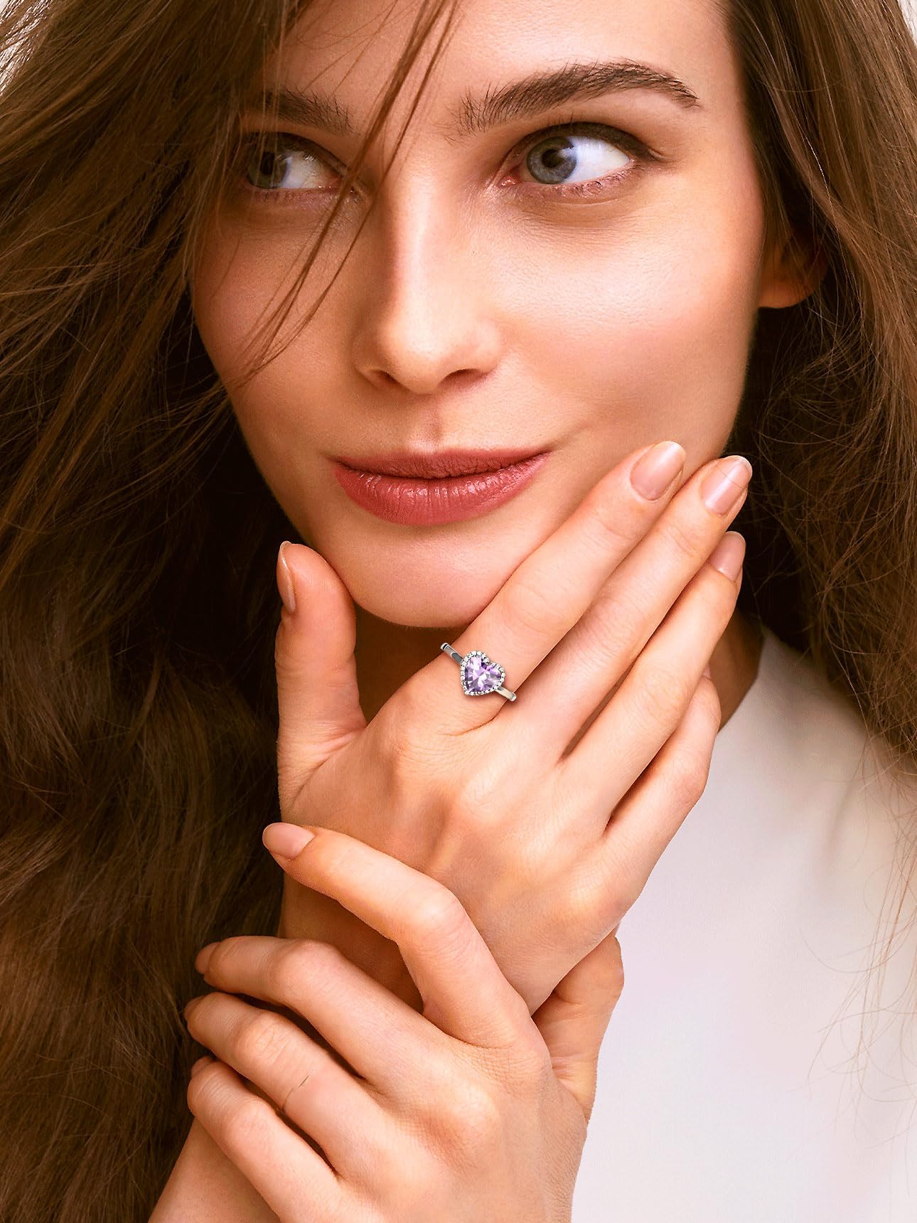 Bestyle Flattering June Alexandrite Heart Crystal Rings Halo Cubic Zirconia Rings for Women Dainty 925 Sterling Silver Hypoallergenic Adjustable Rings Size #6-#12