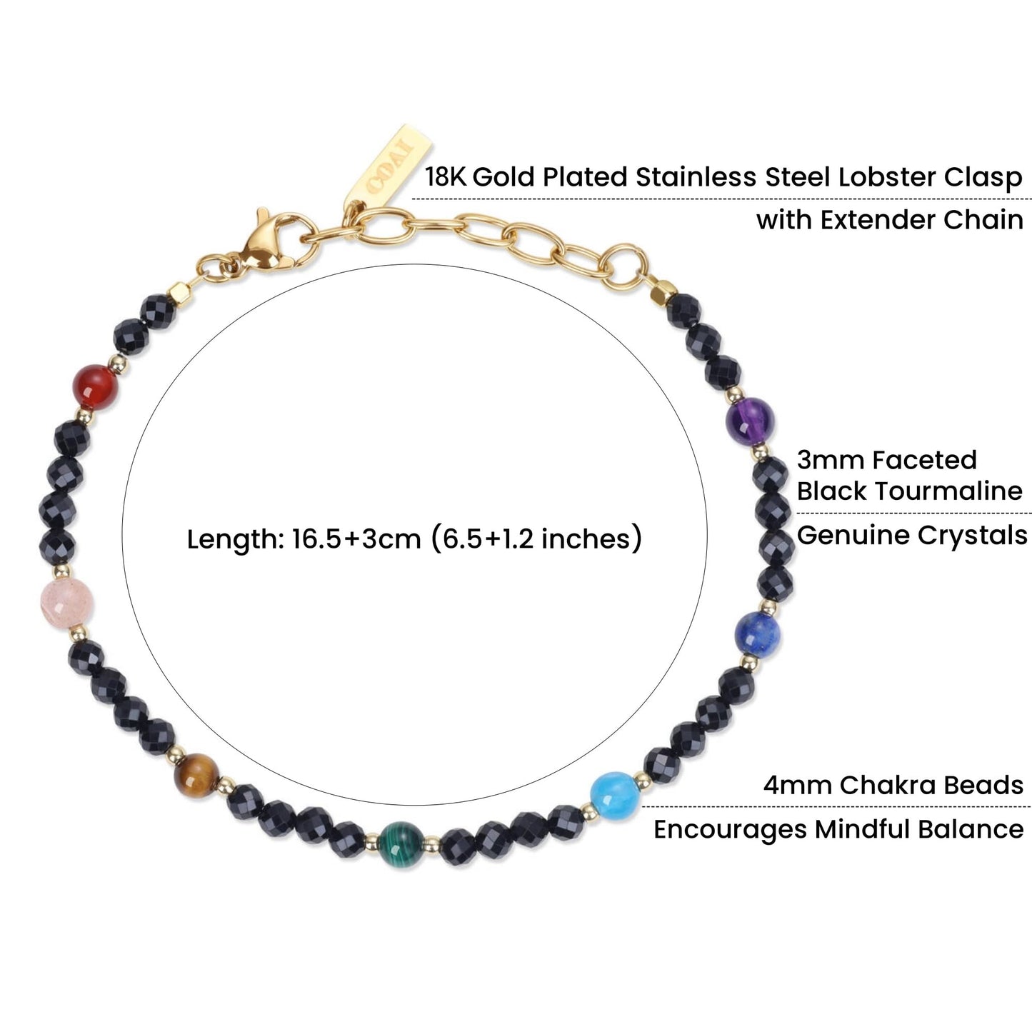 COAI 7 Chakra Bracelet for Women, Beaded Jewelry Black Tourmaline Bracelet for Women