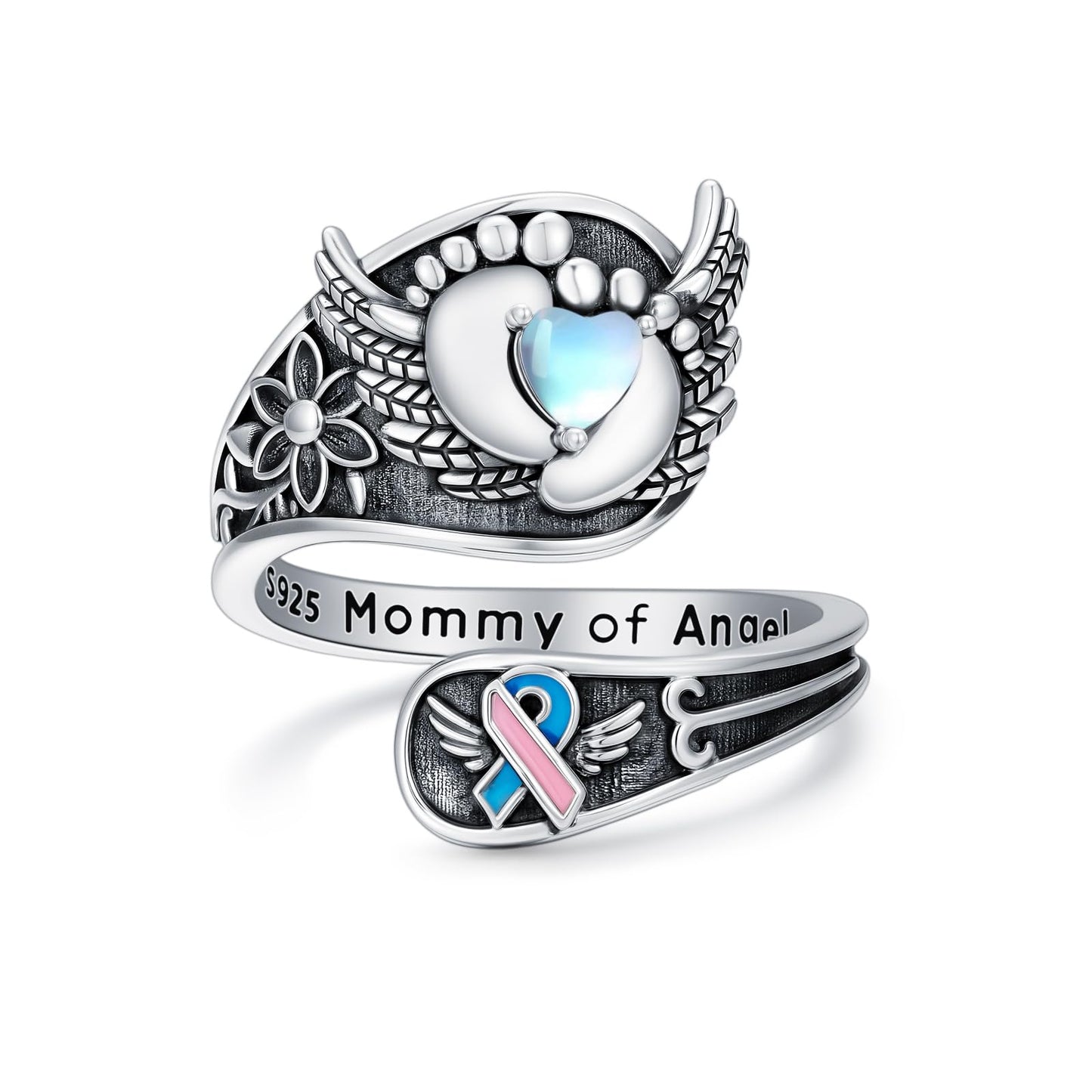 Midari Mommy of an Angel Spoon Rings for Women 925 Sterling Silver Adjustable Heart Footprint Mommy of An Angel Memorial Rings Open Spoon Thumb Rings Mom Jewelry for Women Men Birthday Christmas Gift