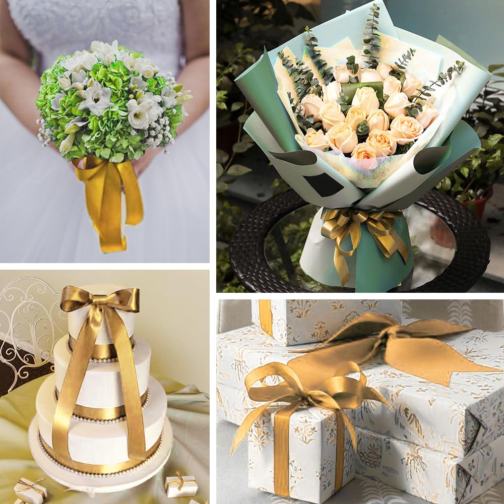 ADVcer 6 inch Gold Satin Ribbon, 24 Yard Long Solid Fabric Ribbon for Christmas Wedding Birthday Party Baby Shower Decoration, Gift Wrapping, Bow Making, Chair Sash, Craft, Indoor or Outdoor Ceremony