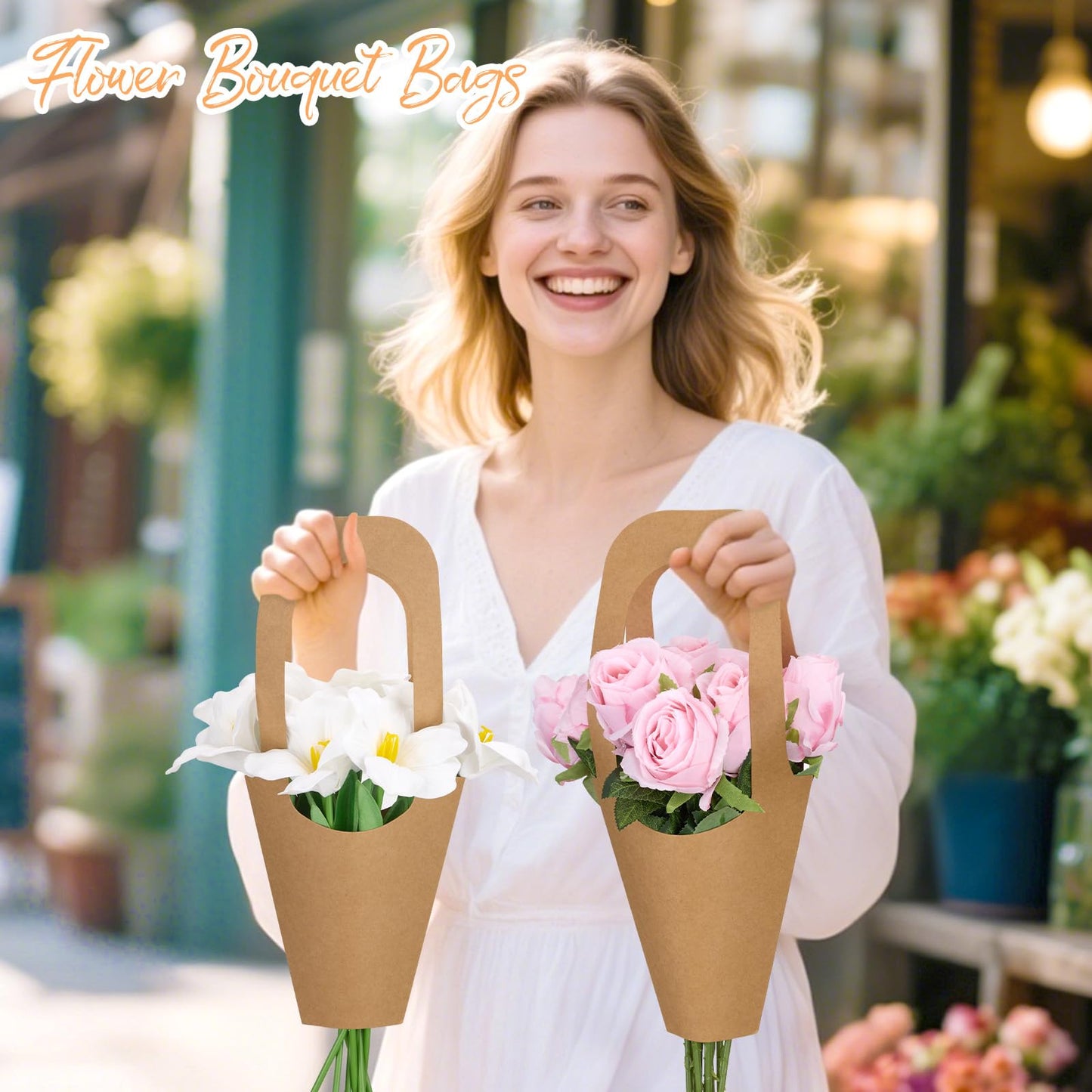 Flower Bags,100 Packs,Flower bags for Bouquets,Kraft Paper Flowers Gift Bags With Handle,Suitable for flower Shops, Weddings, Valentine's Day, Birthday Parties, Thanksgiving, Home Decoration (13.8Inches)