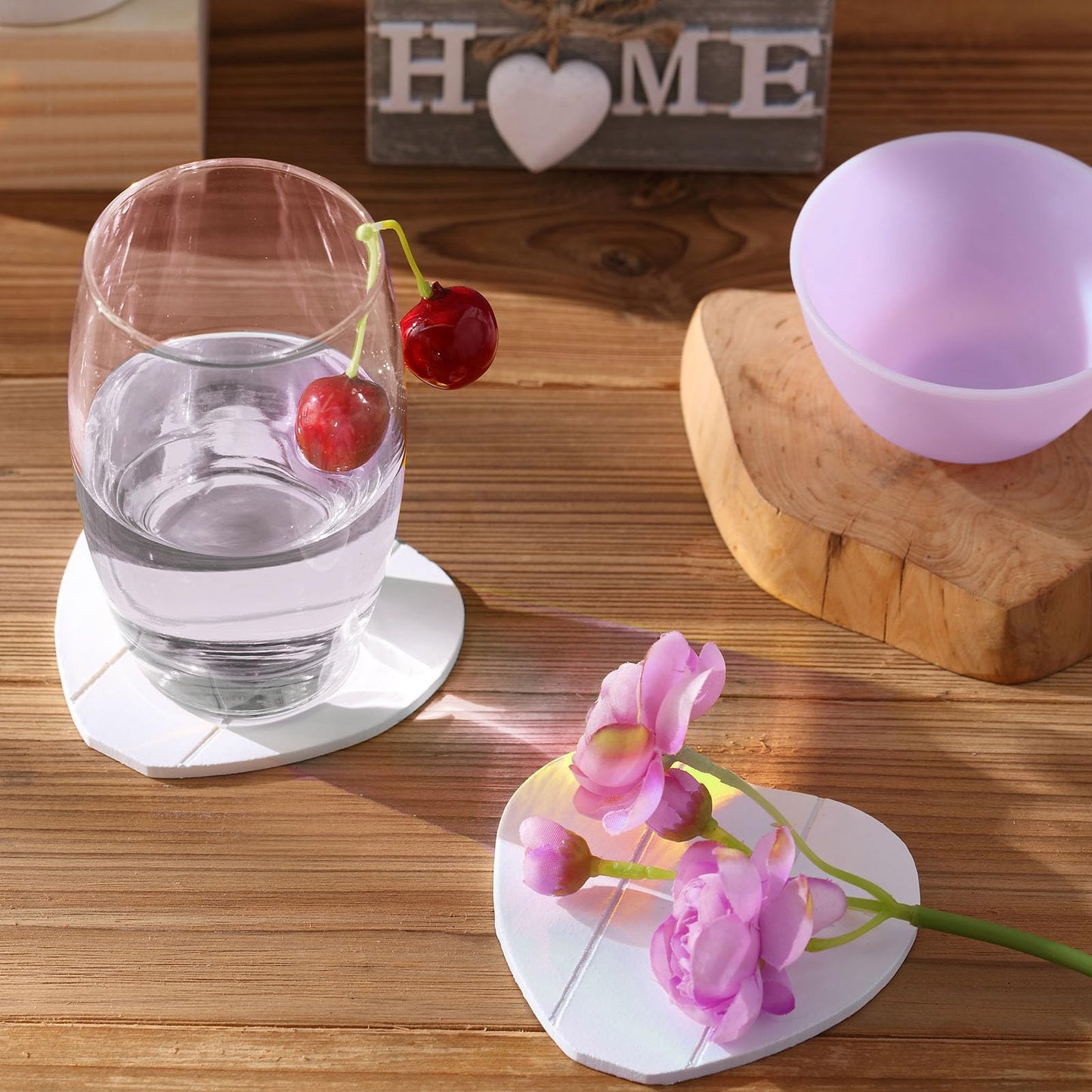 Patelai Set of 6 Wooden Heart Coasters House Warming Gifts New Home White Elephant Gifts for Adults Funny Farmhouse Coasters with Holder for Coffee Table Protection Decoration(Home,Grey)