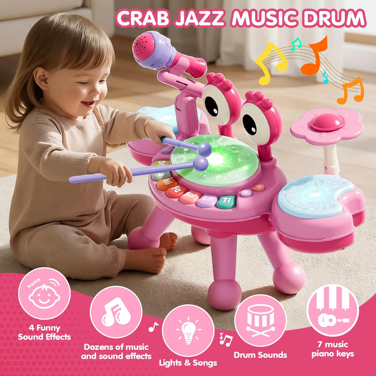 Toddler Drum Set for Kids 1-3, Baby Drum Set 1 Year Old with Light-Up Microphone, Musical Instruments Montessori Learning Toys for 6 9 12 18 Months, Birthday Gift for Boys Girls（Pink）