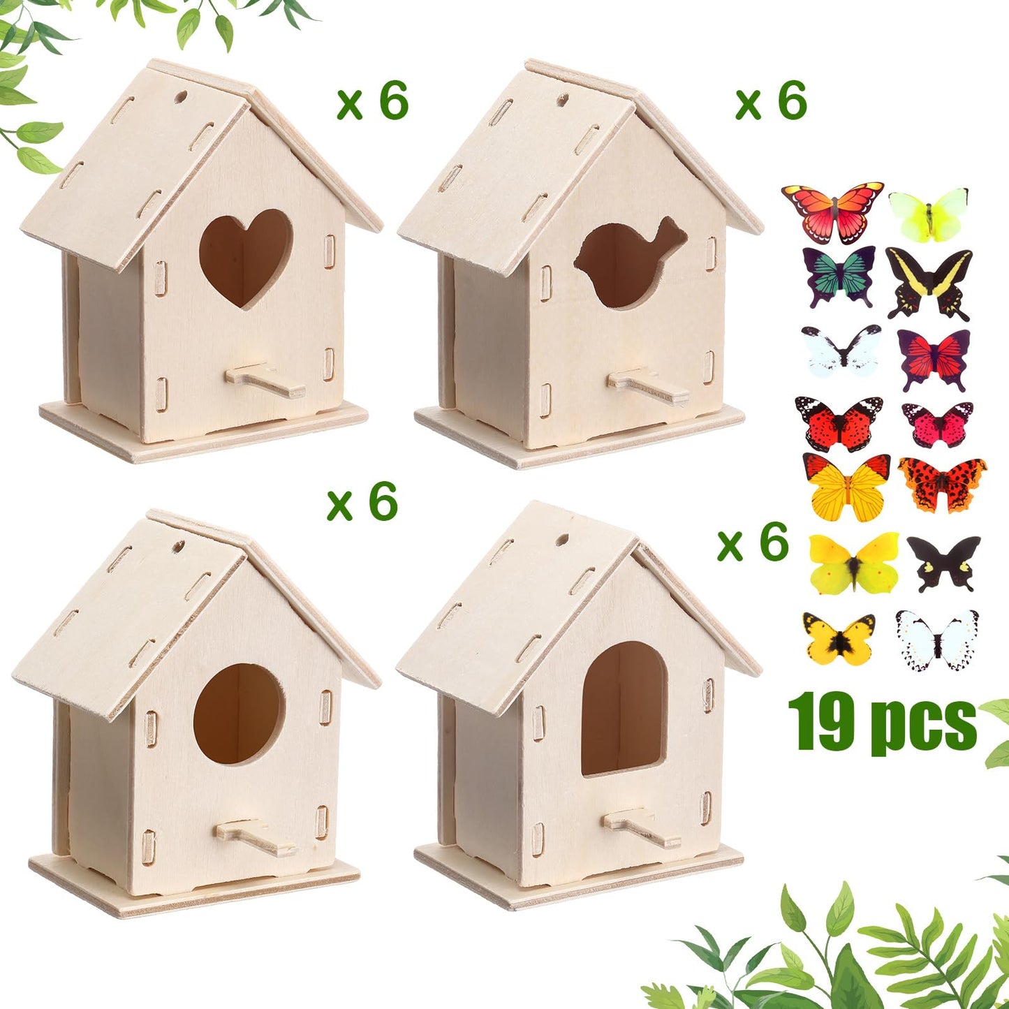 Outus 24 Pcs Wooden DIY Birdhouse Kits for Kids to Build, 4 Shapes Birdhouse Kit Wooden Unfinished with Butterfly Sticker for Boy Girl Arts Crafts(Lovely)