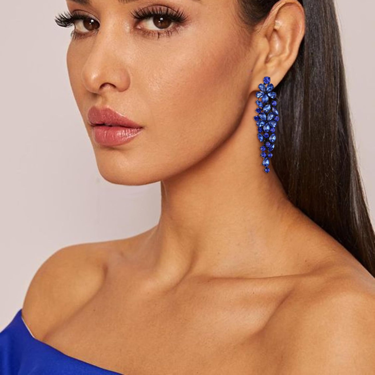 EleQueen Sparkle Marquise Rhinestone Crystal Statement Dangle Earrings for Women, Black-Tone Blue Crystals Art Deco Prom Chandelier Jewelry for Wedding Bridal