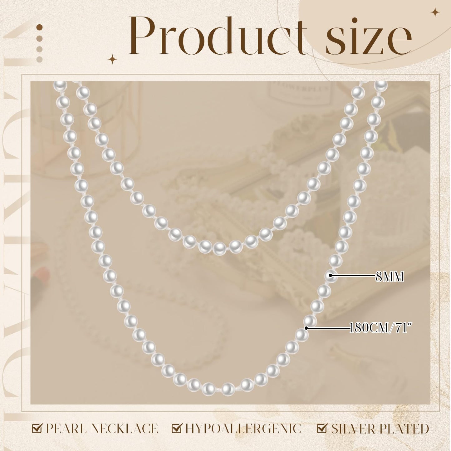 Aurelema 2 Pack Long Pearl Necklace for Women 1920s Costume Party Jewelry Faux Pearls Strand Beads for Ladies(70 Inches,8 mm,Plastic,Cream White)