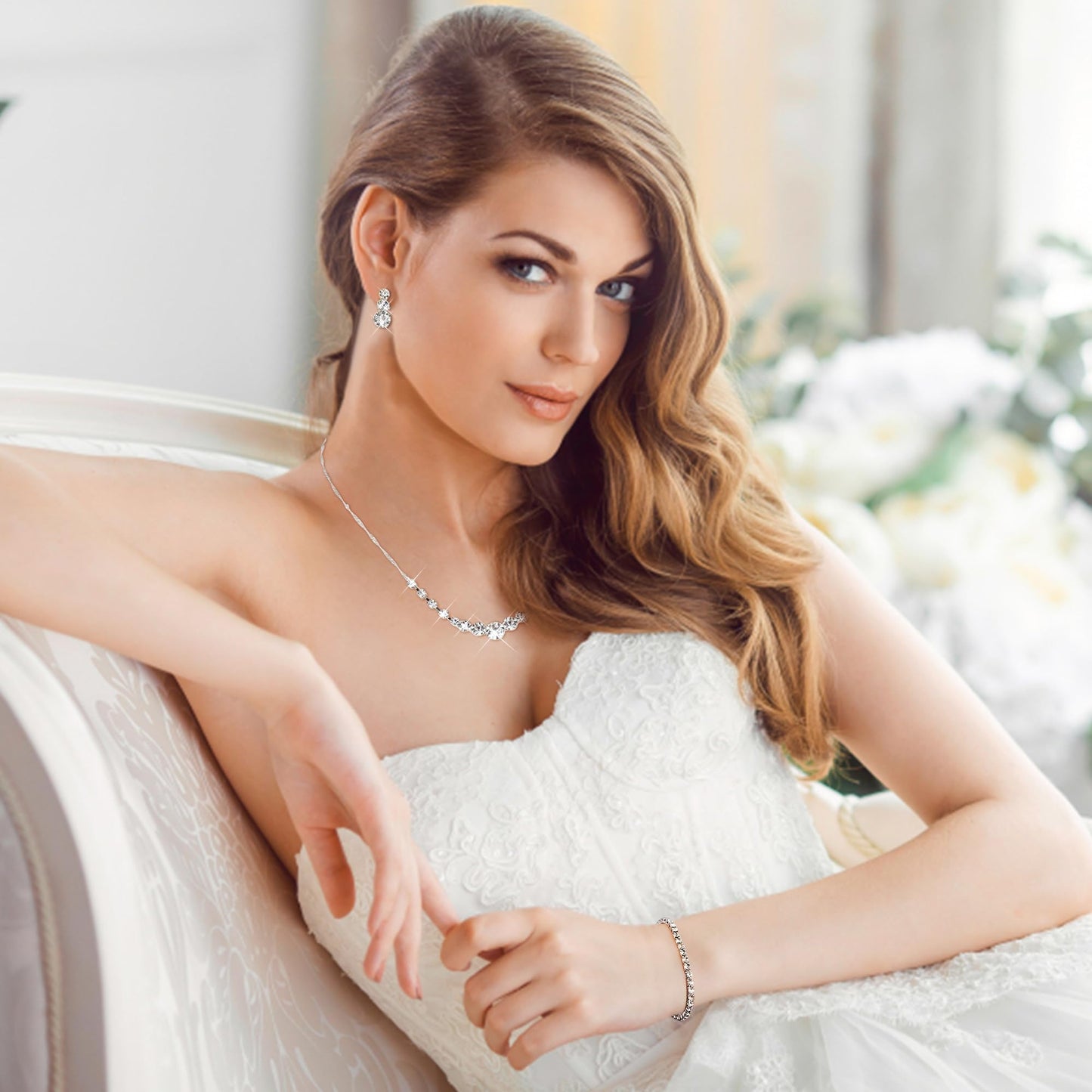Jstyle 3 Pcs Silver Jewelry Set for Women Wedding Bridal Necklace Earrings Bracelet with Crystal CZ Hypoallergenic Prom Jewelry Set for Bride Bridesmaid Party Birthday Accessories Style 2