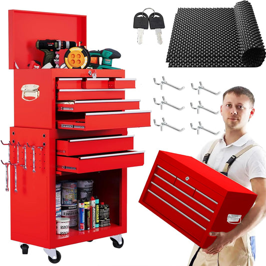 Clickoods 8-Drawer Rolling Tool Chest with Detachable Top Tool Box, Lockable Metal Tool Cabinet, and Liner, Heavy-Duty Storage Organizer with Wheels and 6 Hooks for Garage, Workshop, Red