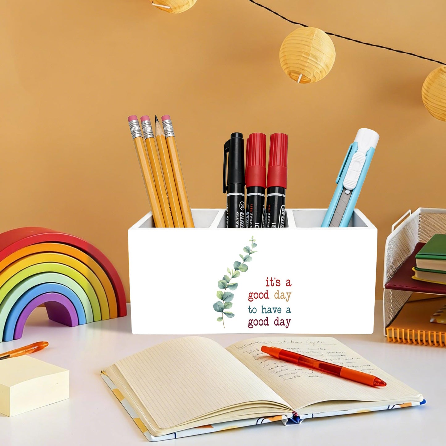 YQDEJ Motivational Eucalyptus Leaves Pen Holder for Desk Accessories, It's a Good Day to Have a Good Day Inspirational Wooden Box Sign Desk Pencil Holder Organizer for Home Office Decoration