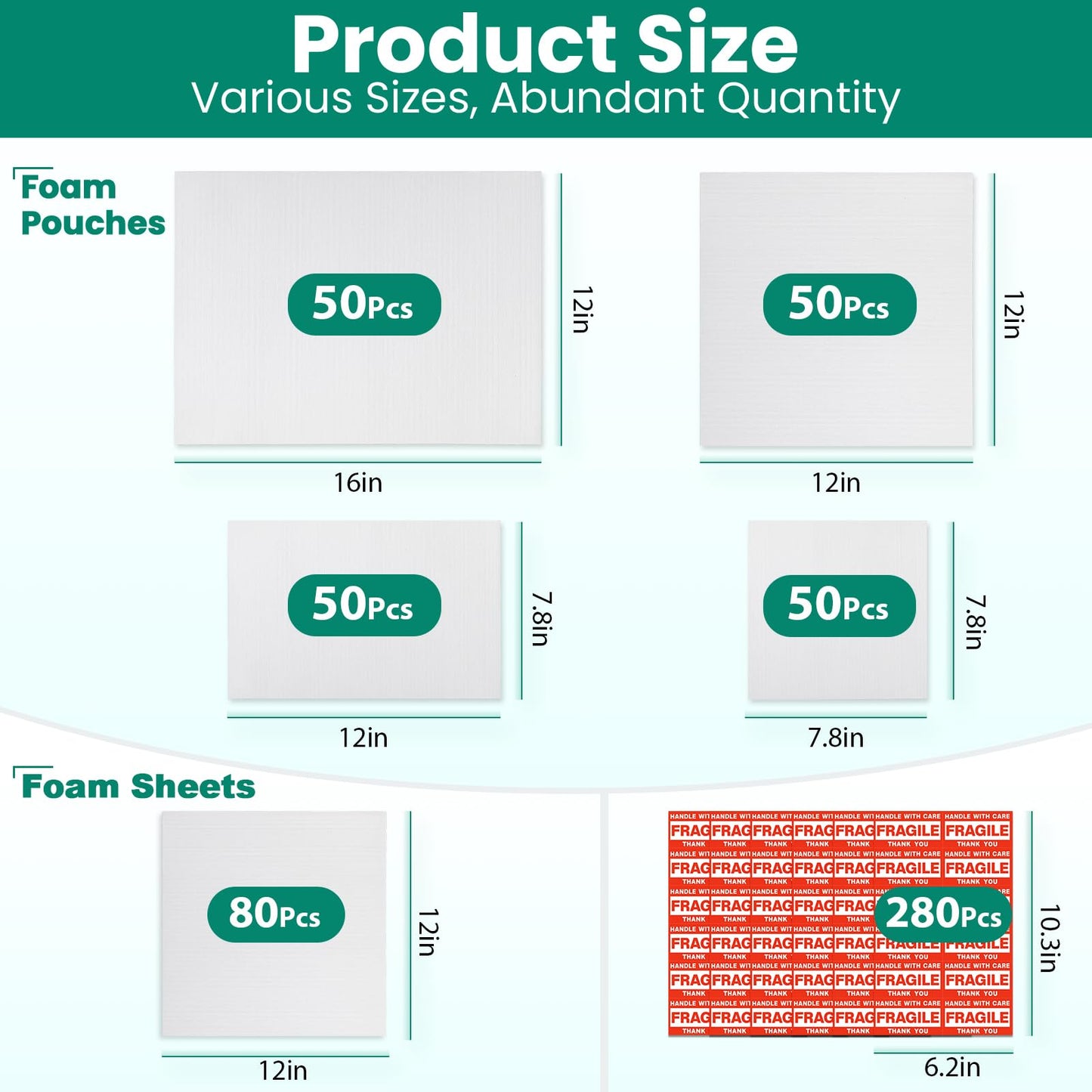 560Pcs Dish Packing Supplies for Moving, 280Thickened High-Density Foam Wrap Pouches & Sheets for Plates and Fragile Shipping Storage, 4 Sizes (16x12",12x12",12x7.8",7.8x7.8")with 280 Fragile Stickers
