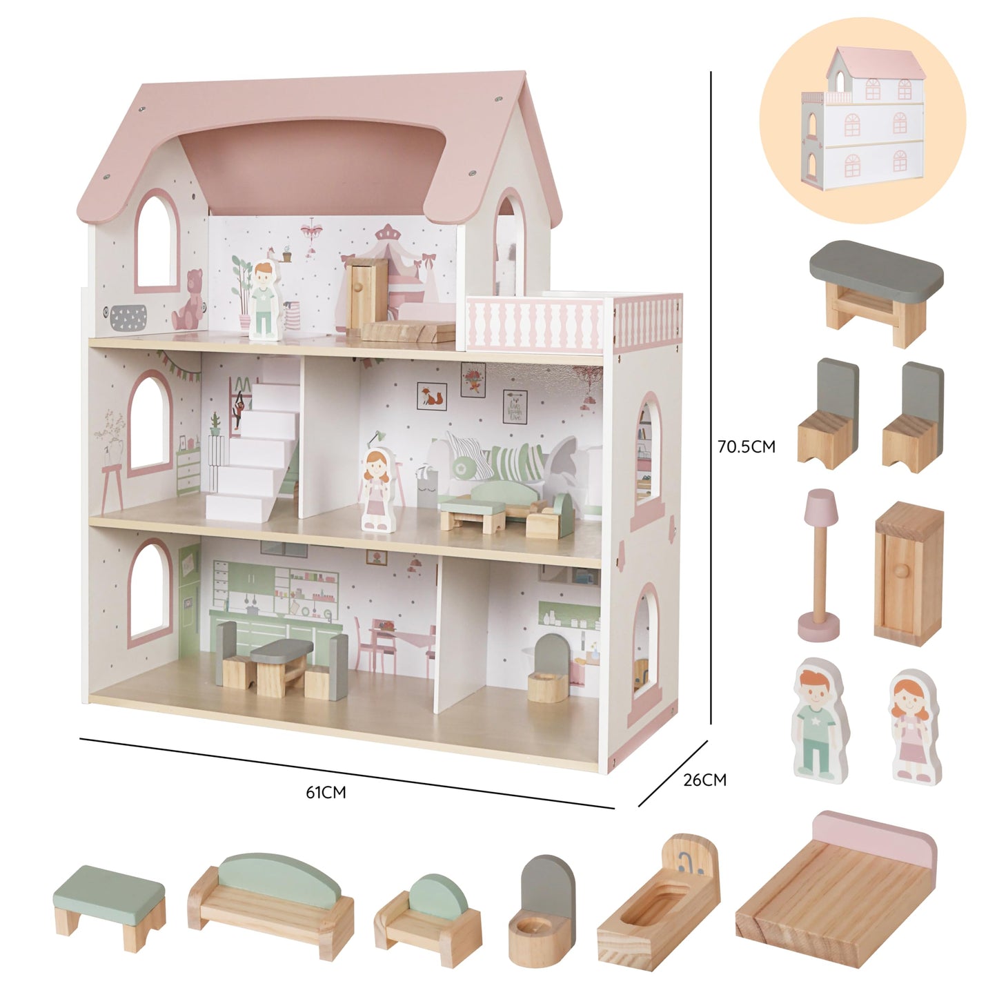 Wooden Pink Doll House for Girls with Balcony,DIY Pretend Dolls Play House Toy, Kids Dollhouses Toys with 12 PCS Furniture Accessories,Birthday Gifts for Boys Girls Ages 3+