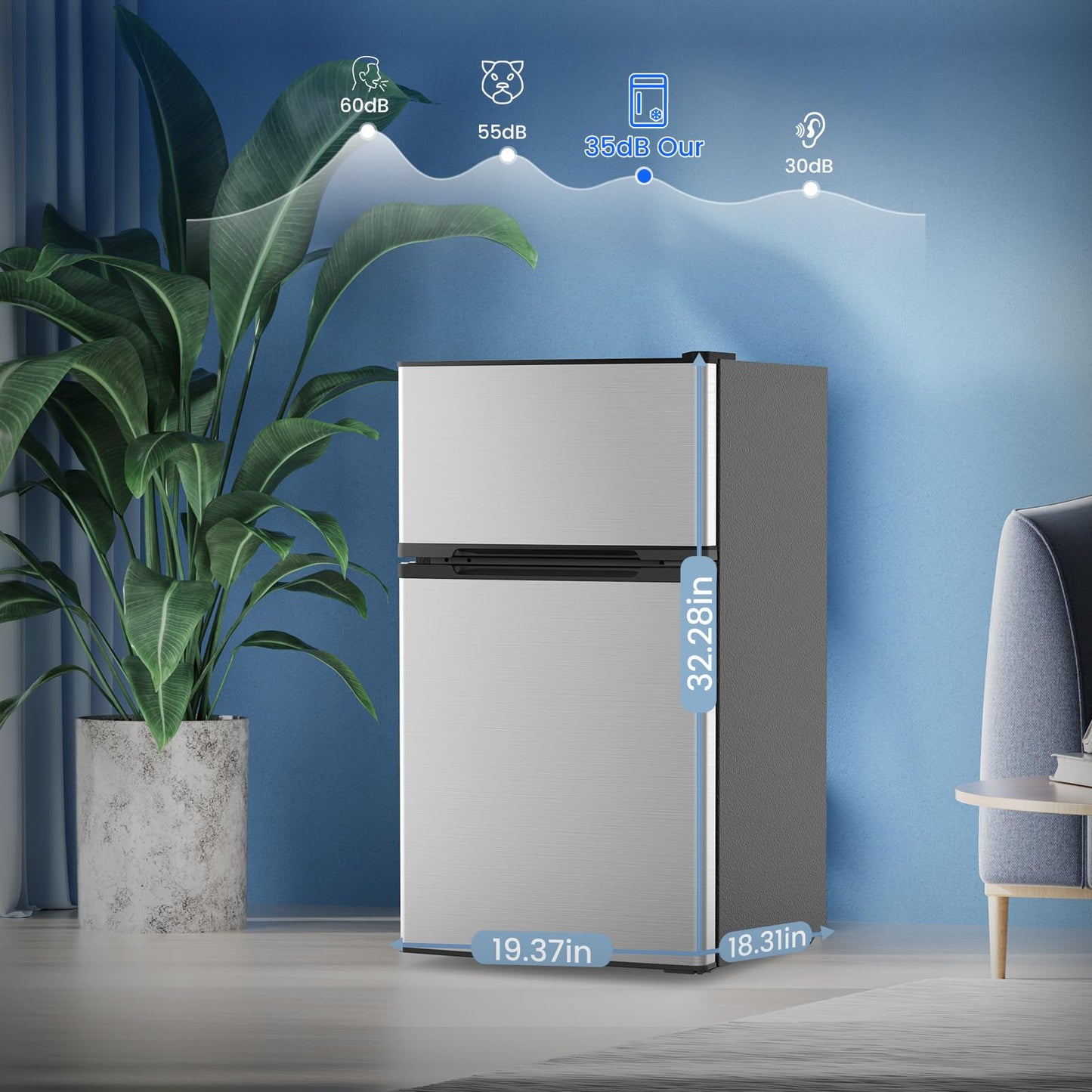 Electactic 3.2 Cu.Ft Mini Fridge with Freezer, Compact Refrigerator with 2 Doors, Small Fridge with Adjustable Thermostat & Removable Glass Shelves for Bedroom, Office, Dorm, or Apartment, Silver